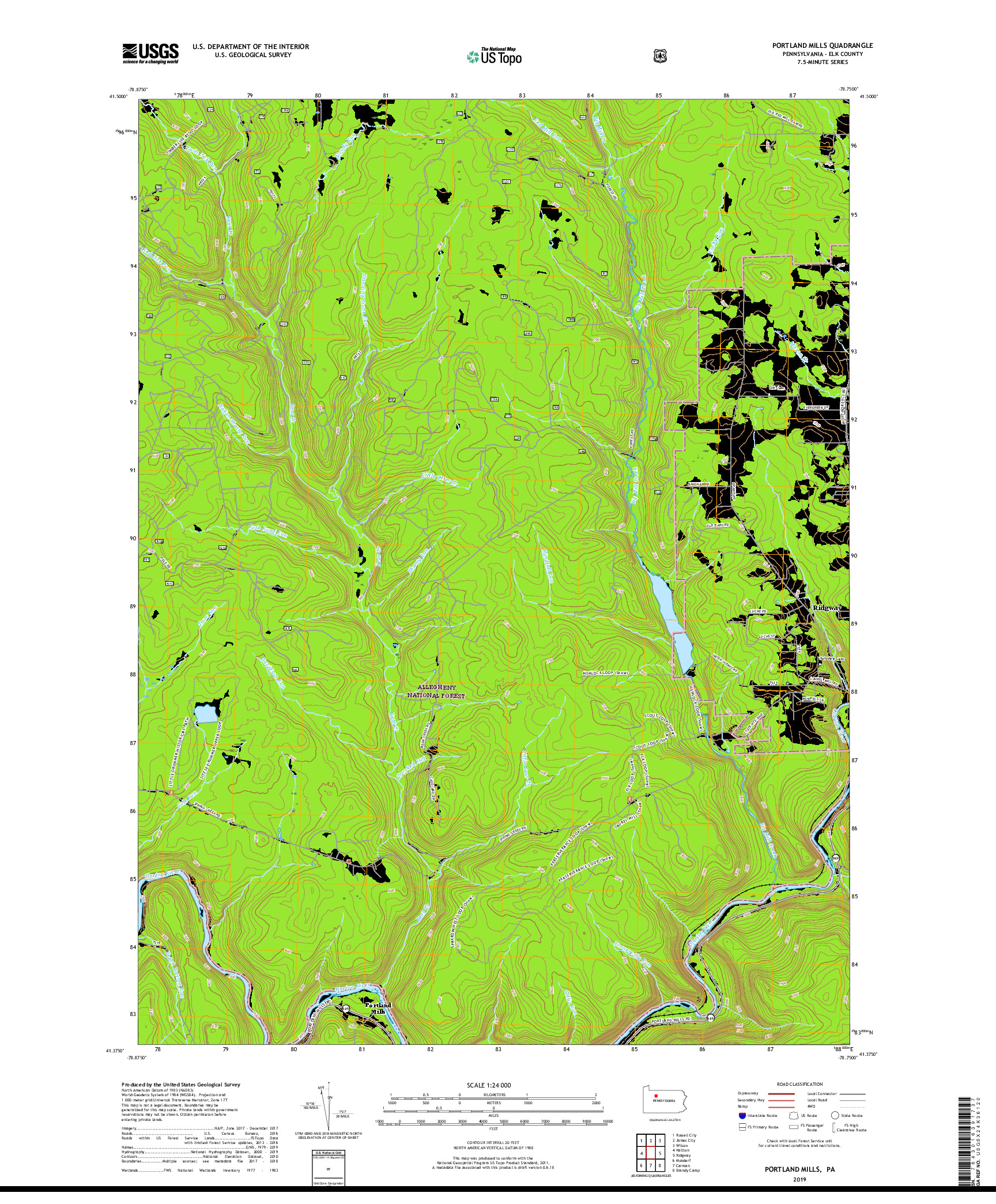 USGS US TOPO 7.5-MINUTE MAP FOR PORTLAND MILLS, PA 2019