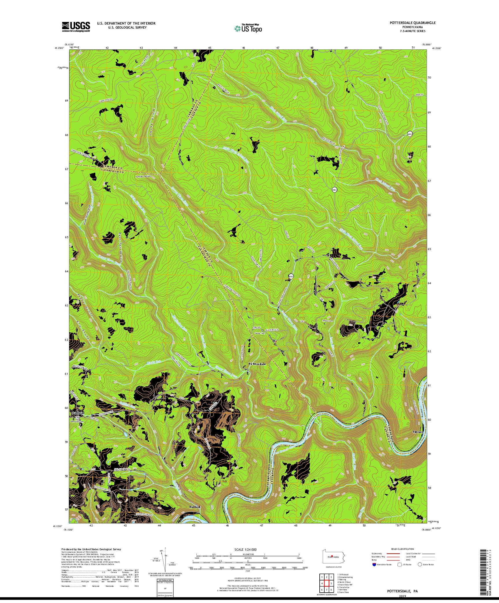 USGS US TOPO 7.5-MINUTE MAP FOR POTTERSDALE, PA 2019