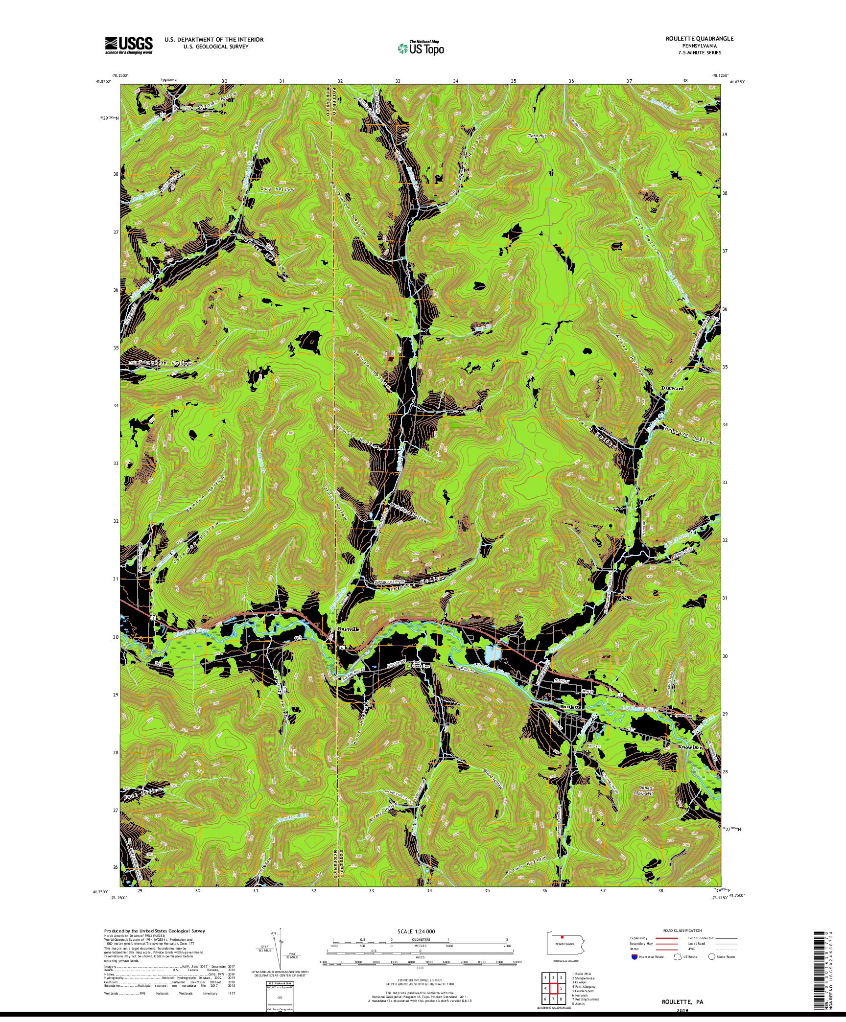 USGS US TOPO 7.5-MINUTE MAP FOR ROULETTE, PA 2019