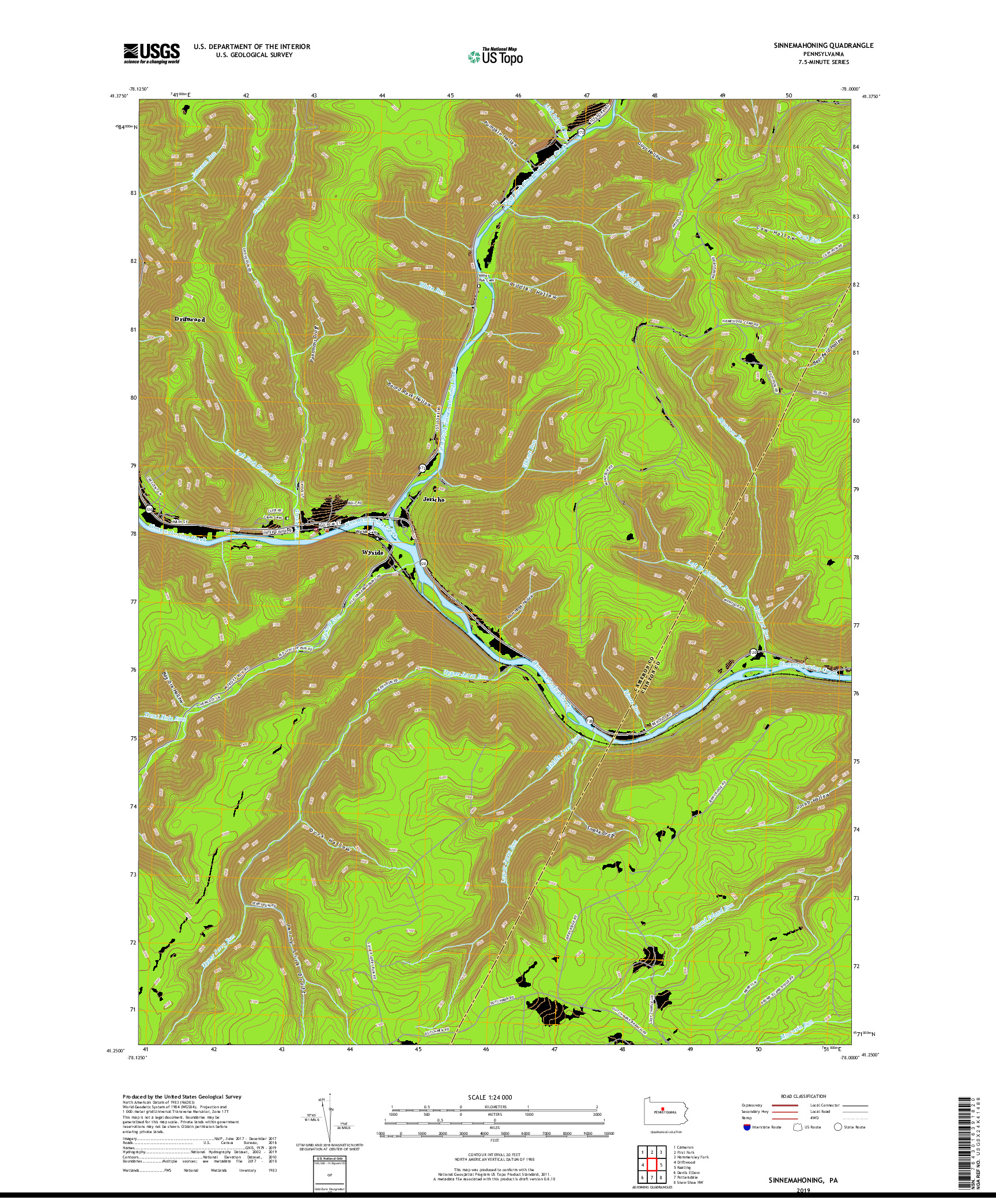 USGS US TOPO 7.5-MINUTE MAP FOR SINNEMAHONING, PA 2019
