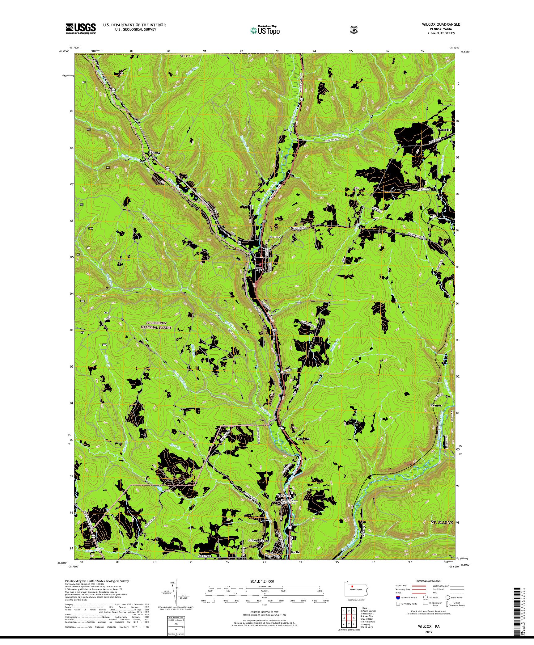 USGS US TOPO 7.5-MINUTE MAP FOR WILCOX, PA 2019