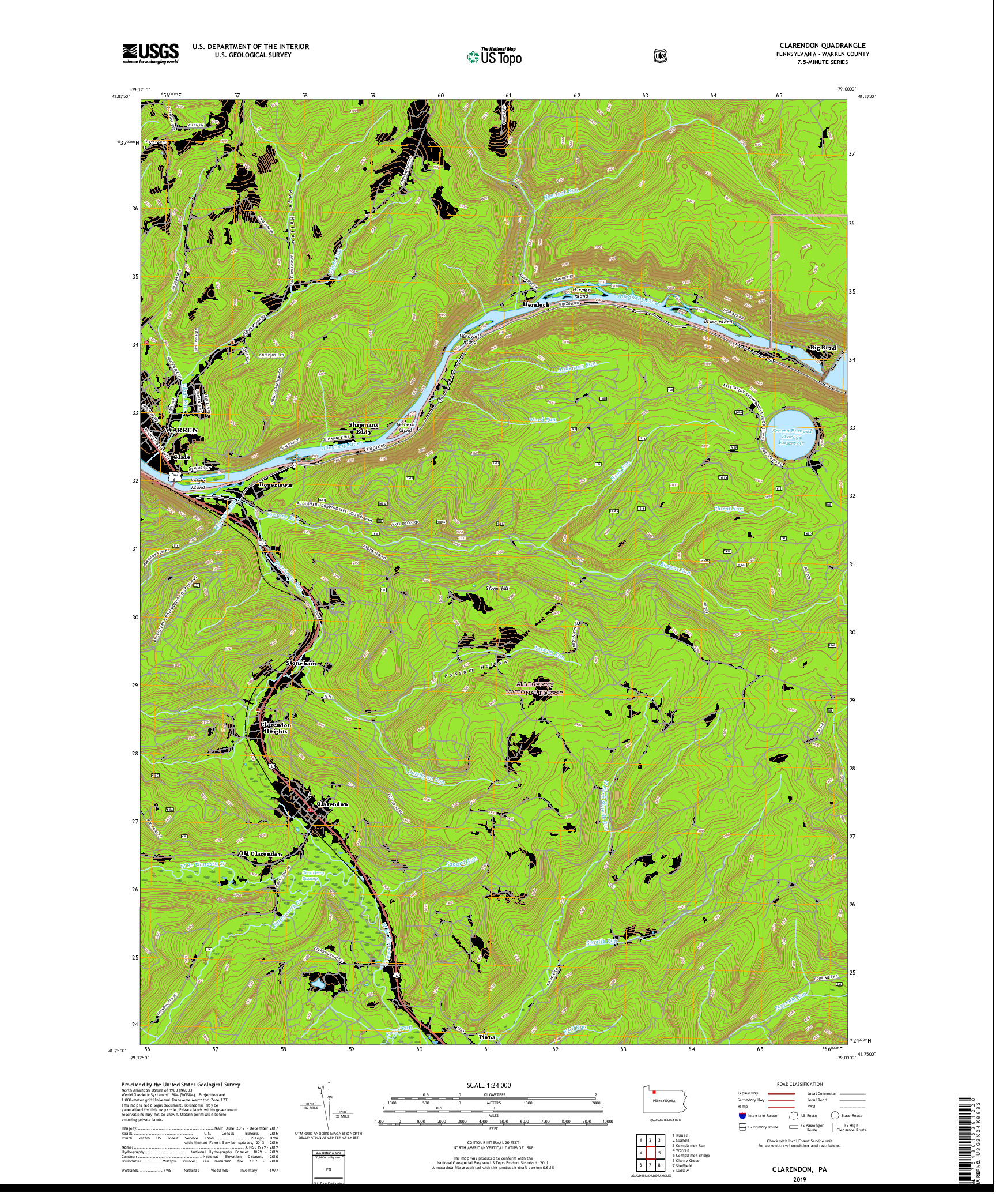 USGS US TOPO 7.5-MINUTE MAP FOR CLARENDON, PA 2019