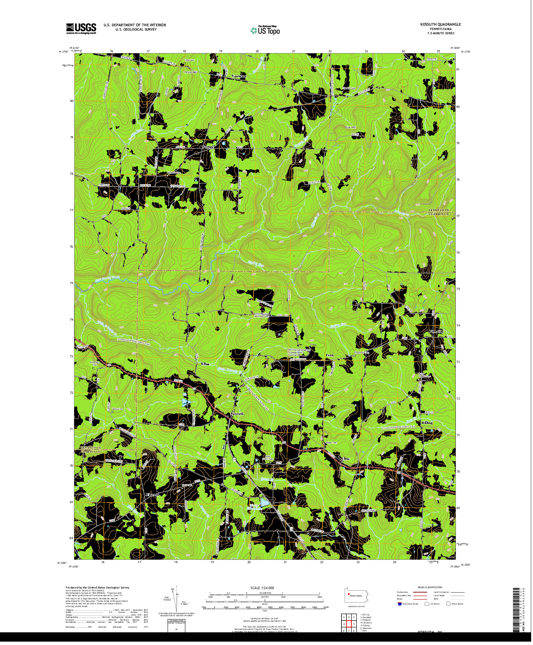 USGS US TOPO 7.5-MINUTE MAP FOR KOSSUTH, PA 2019