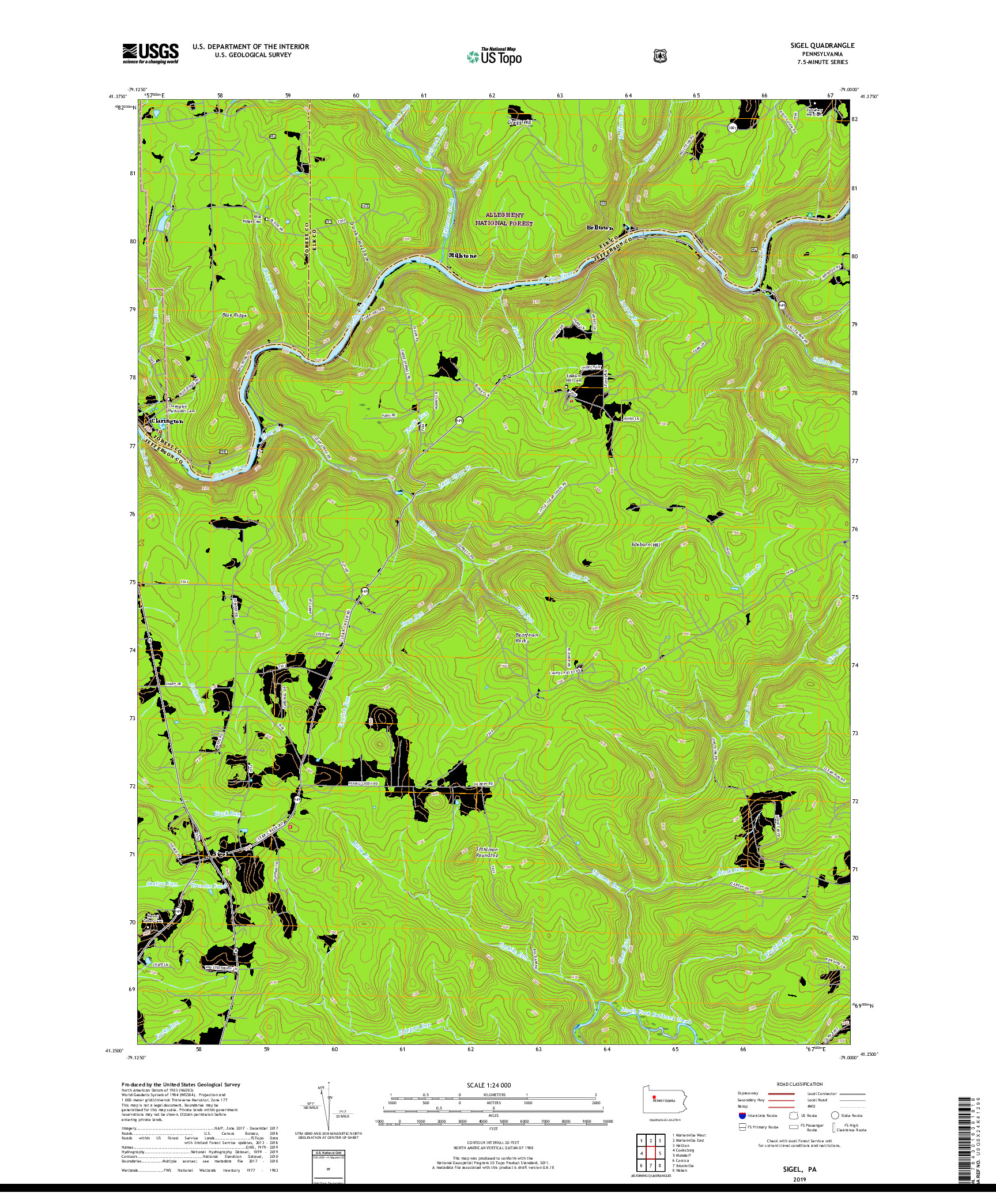USGS US TOPO 7.5-MINUTE MAP FOR SIGEL, PA 2019