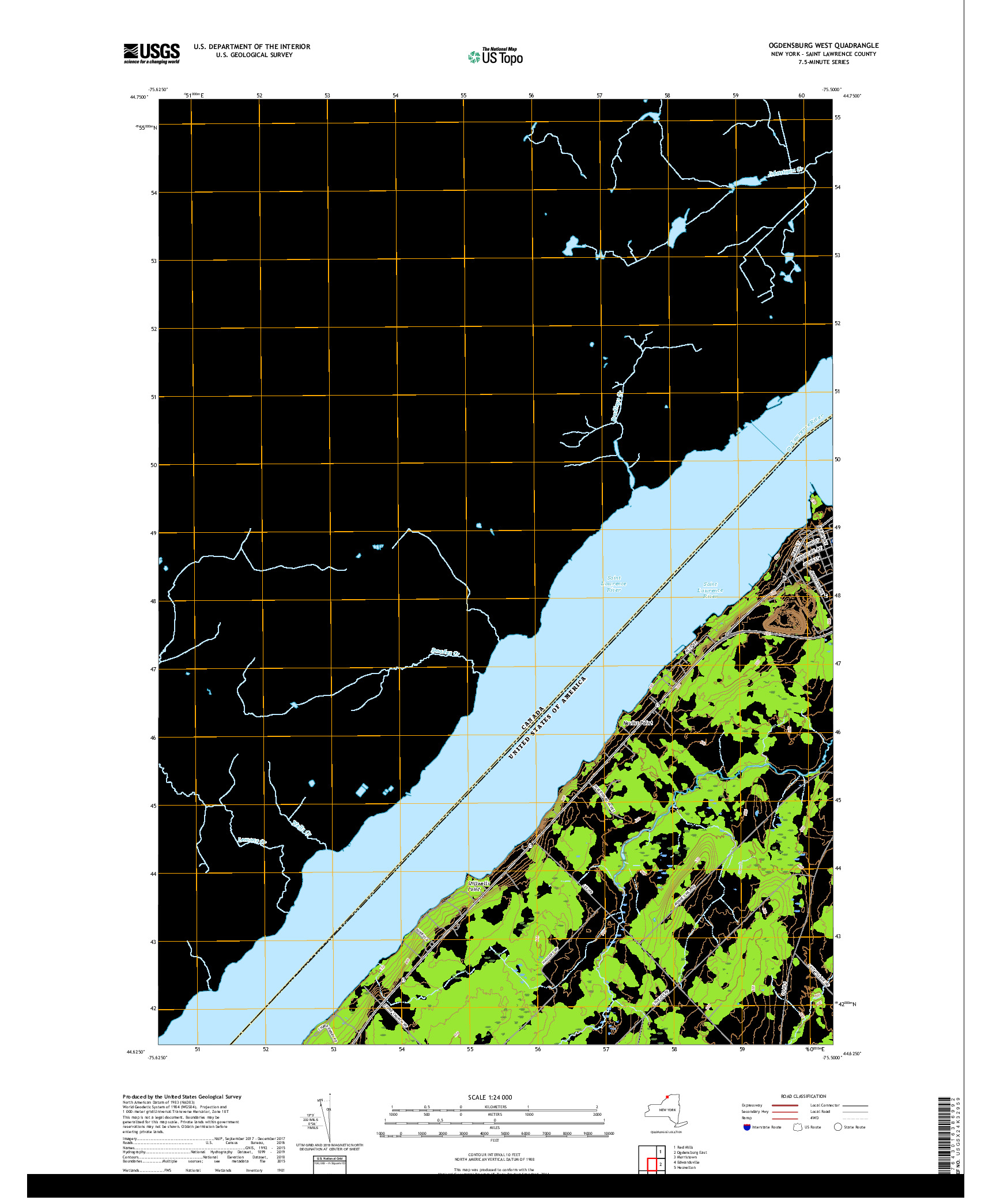 USGS US TOPO 7.5-MINUTE MAP FOR OGDENSBURG WEST, NY,ON 2019