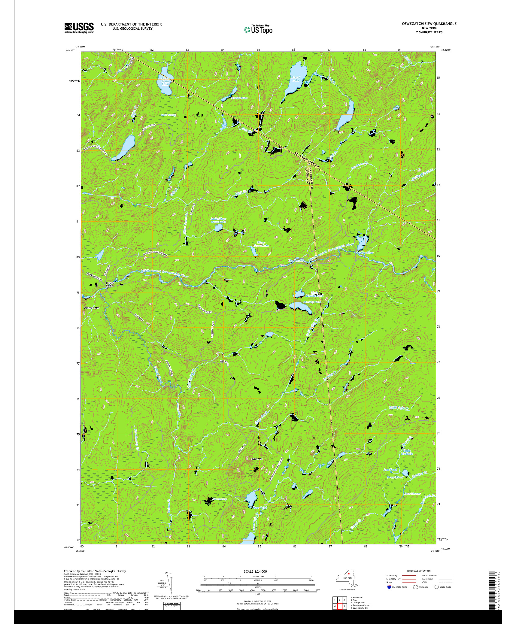 USGS US TOPO 7.5-MINUTE MAP FOR OSWEGATCHIE SW, NY 2019