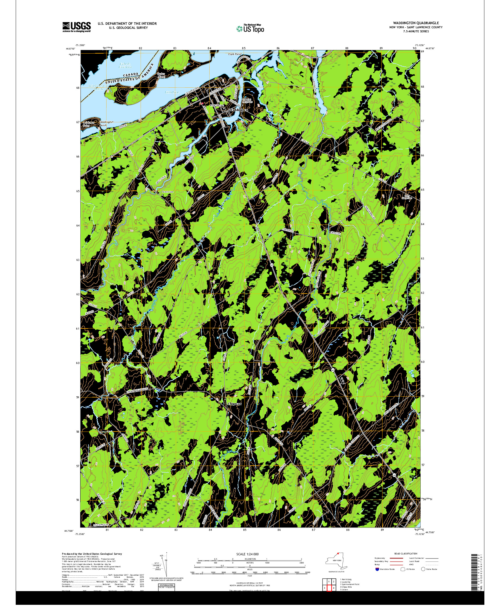 USGS US TOPO 7.5-MINUTE MAP FOR WADDINGTON, NY,ON 2019