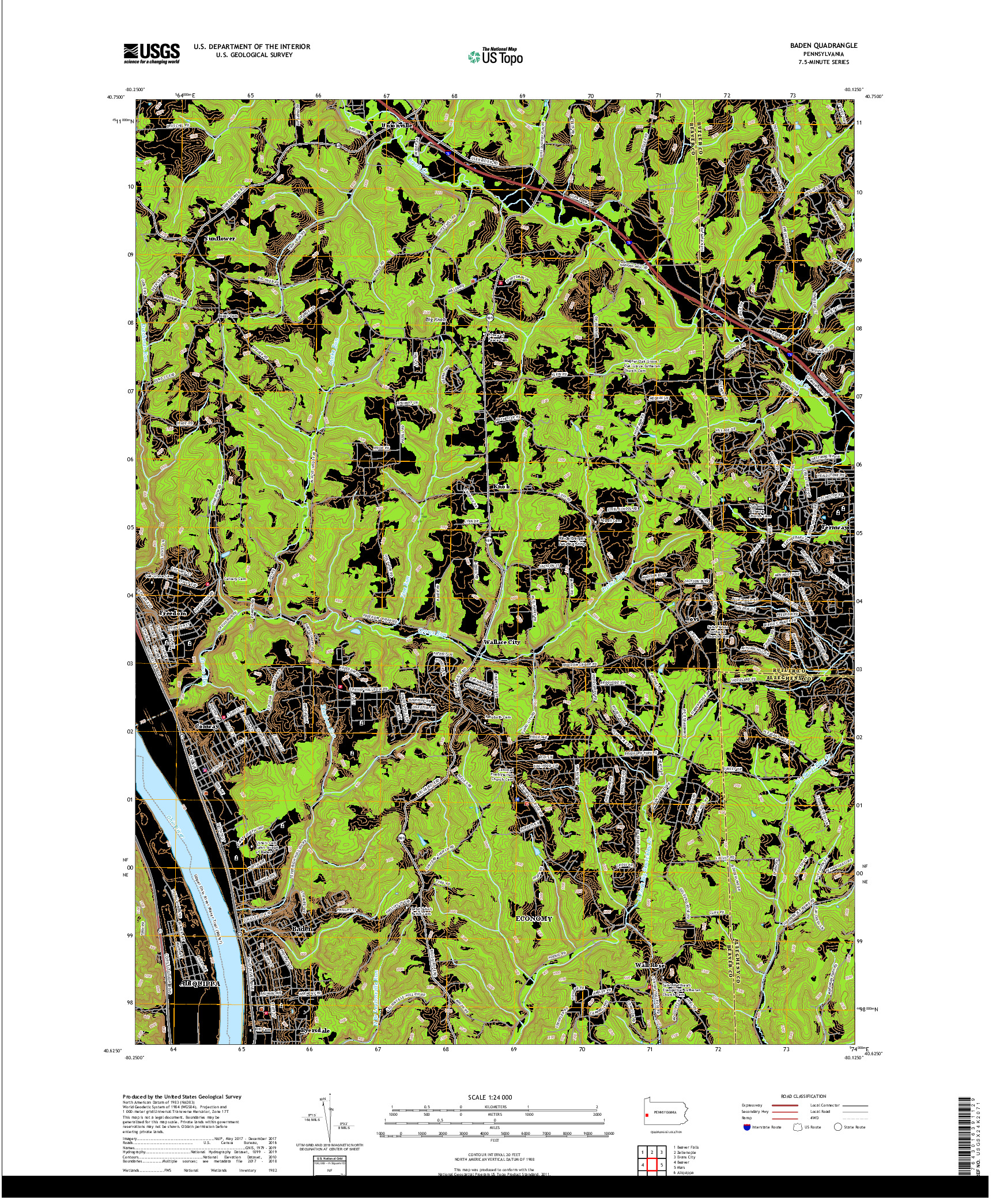 USGS US TOPO 7.5-MINUTE MAP FOR BADEN, PA 2019