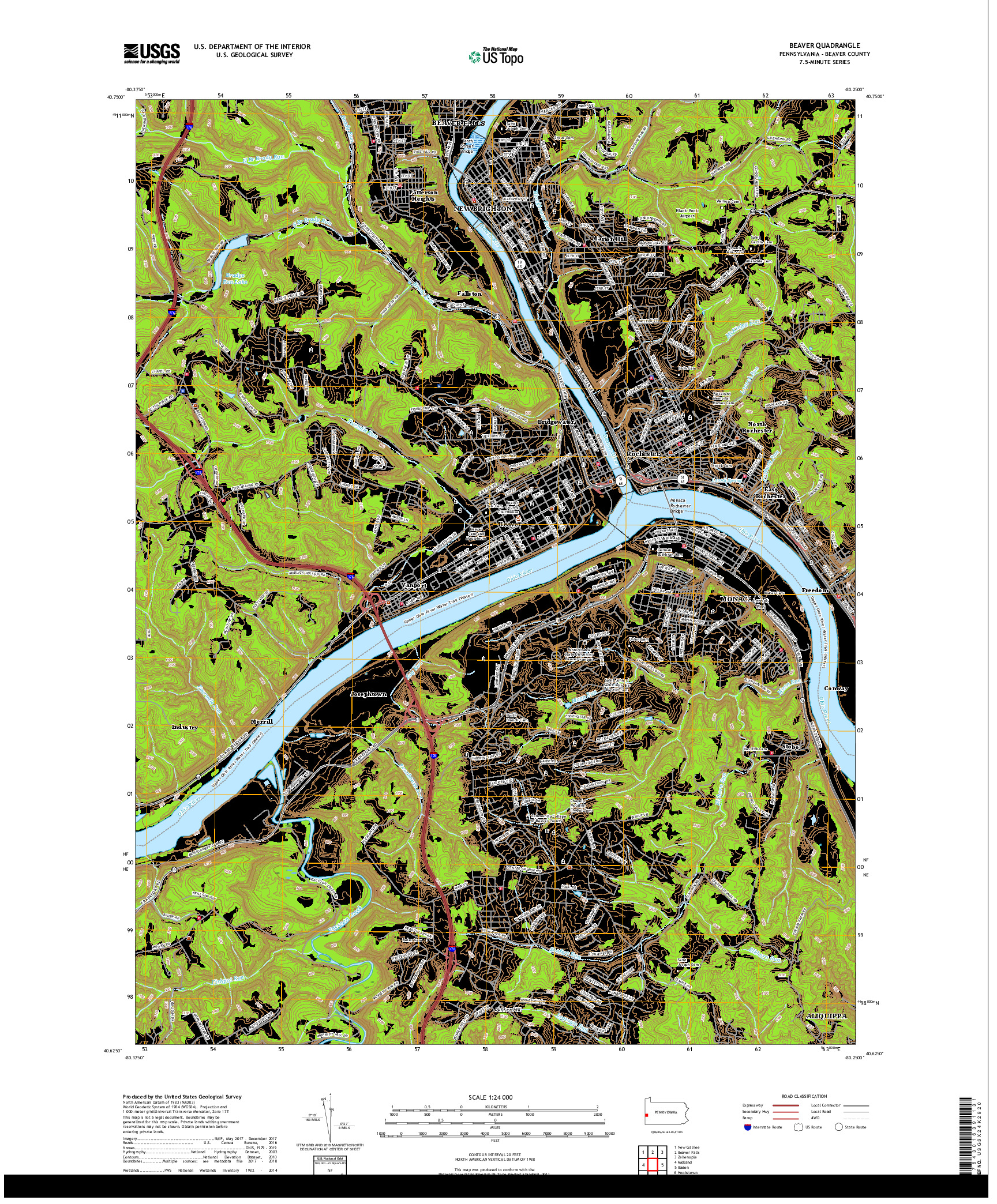 USGS US TOPO 7.5-MINUTE MAP FOR BEAVER, PA 2019