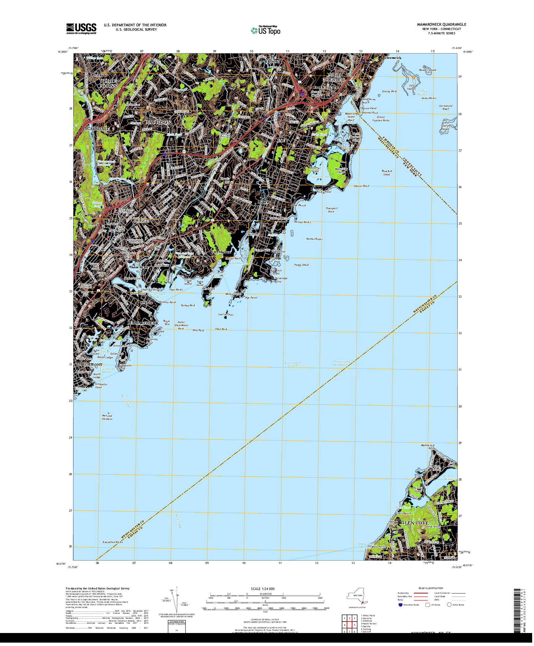 USGS US TOPO 7.5-MINUTE MAP FOR MAMARONECK, NY,CT 2019