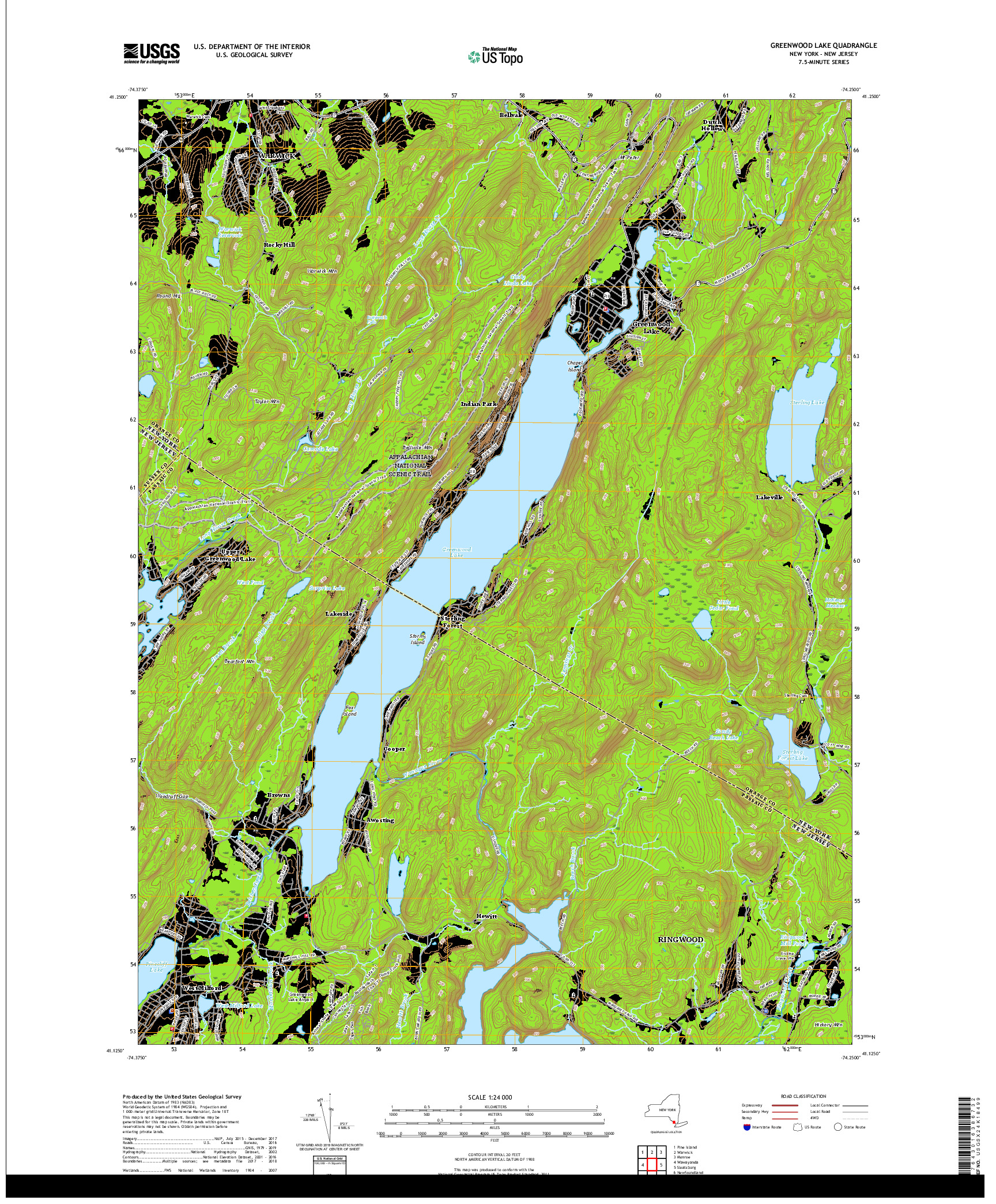 USGS US TOPO 7.5-MINUTE MAP FOR GREENWOOD LAKE, NY,NJ 2019