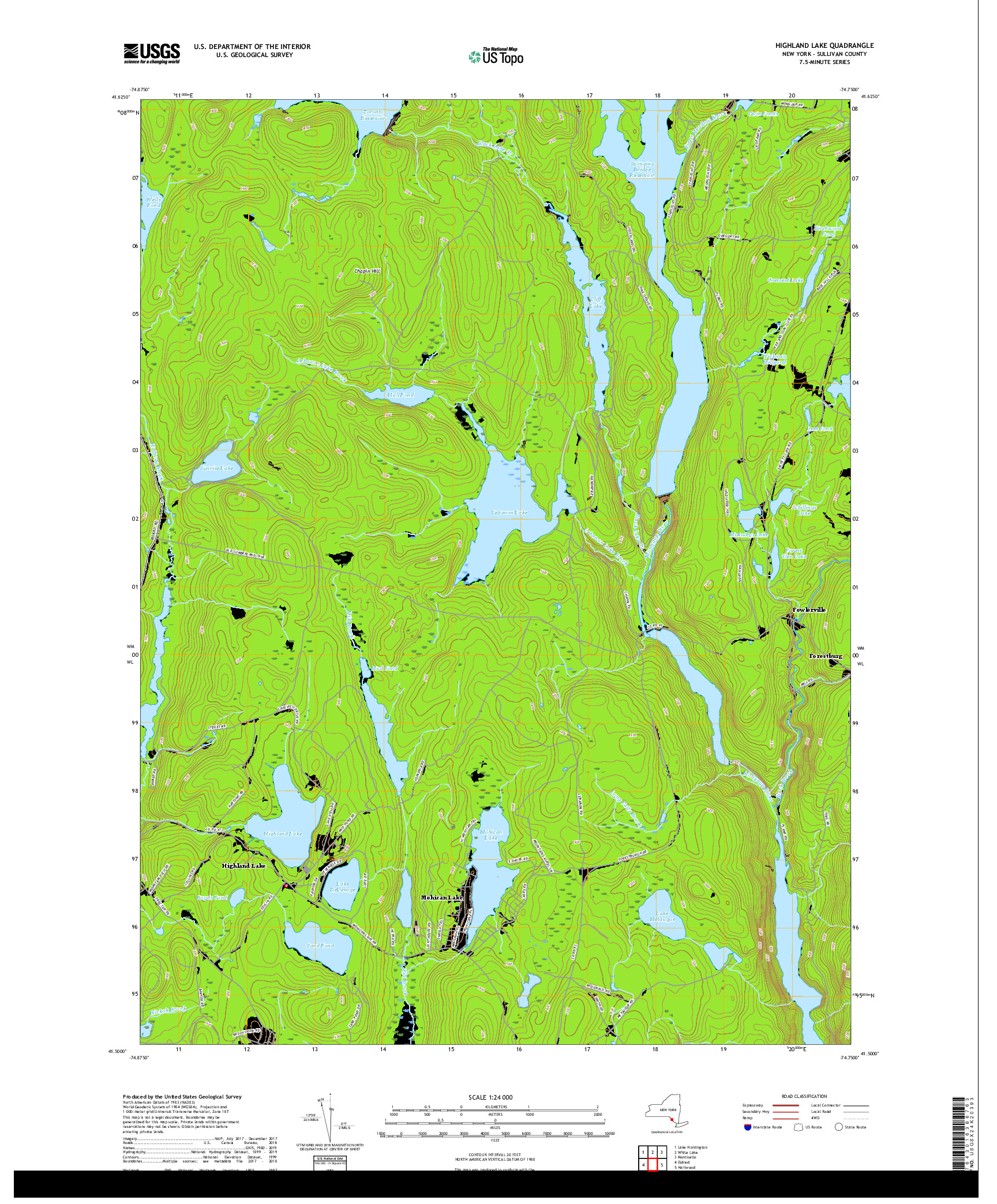 USGS US TOPO 7.5-MINUTE MAP FOR HIGHLAND LAKE, NY 2019
