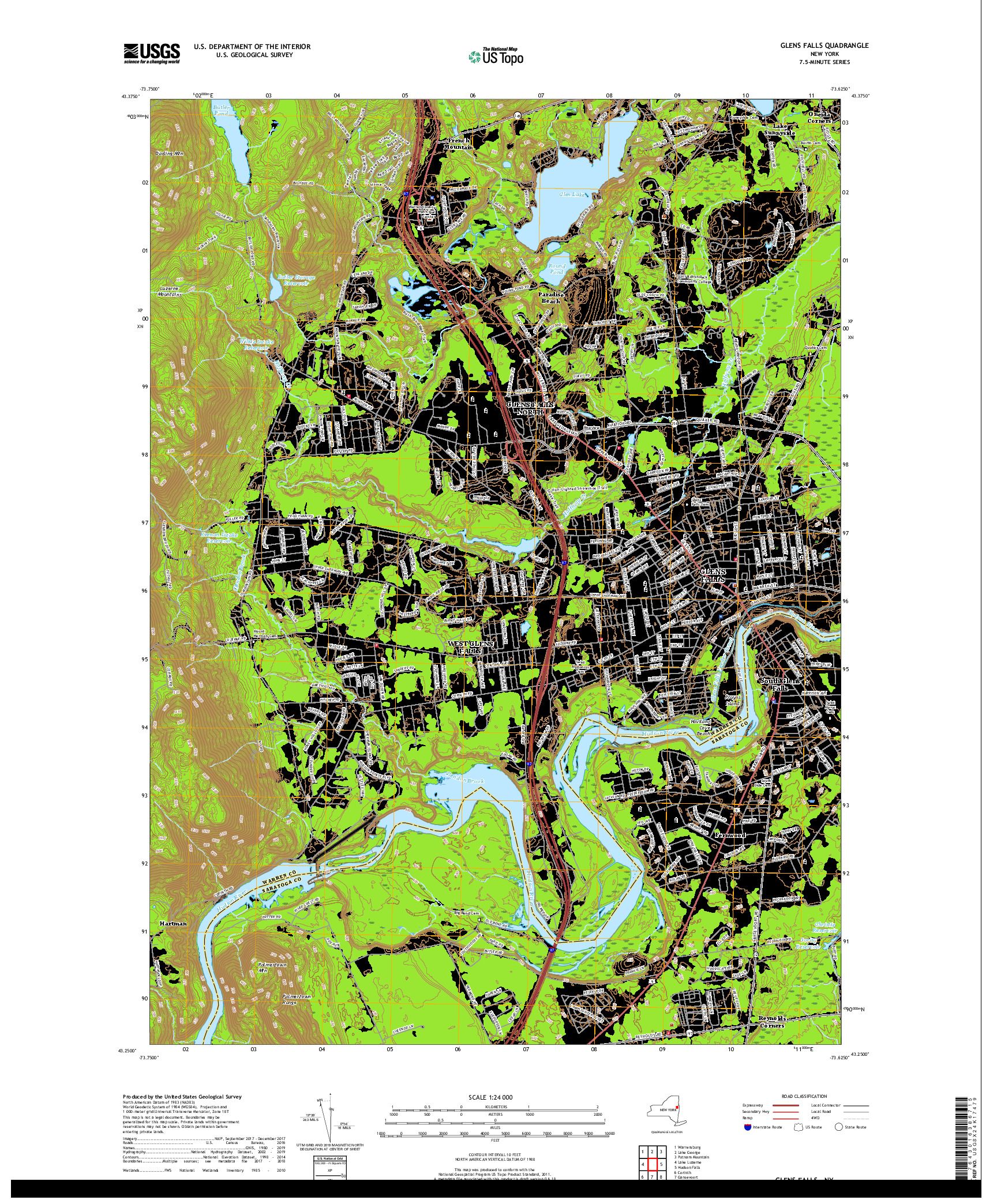 USGS US TOPO 7.5-MINUTE MAP FOR GLENS FALLS, NY 2019
