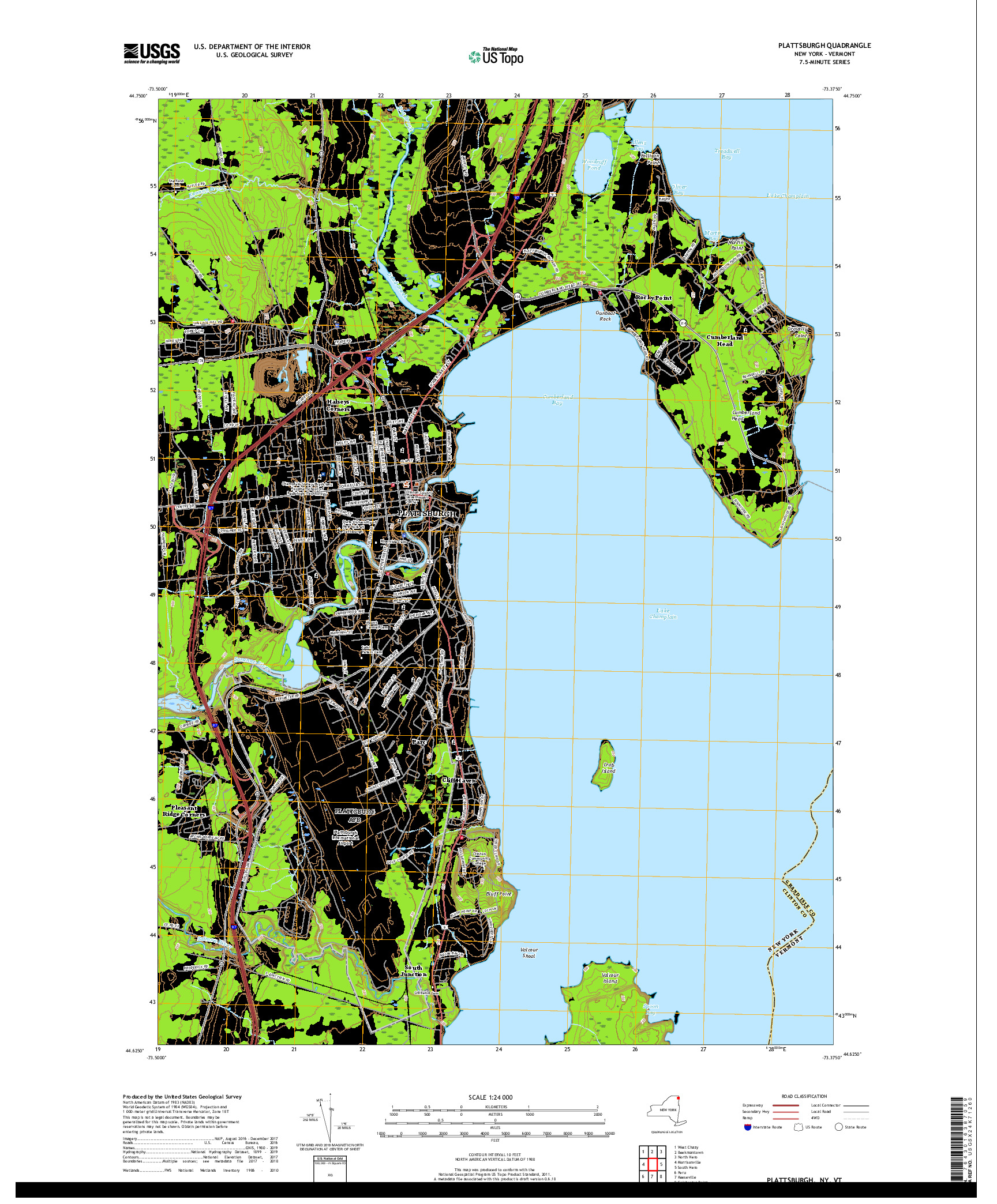 USGS US TOPO 7.5-MINUTE MAP FOR PLATTSBURGH, NY,VT 2019