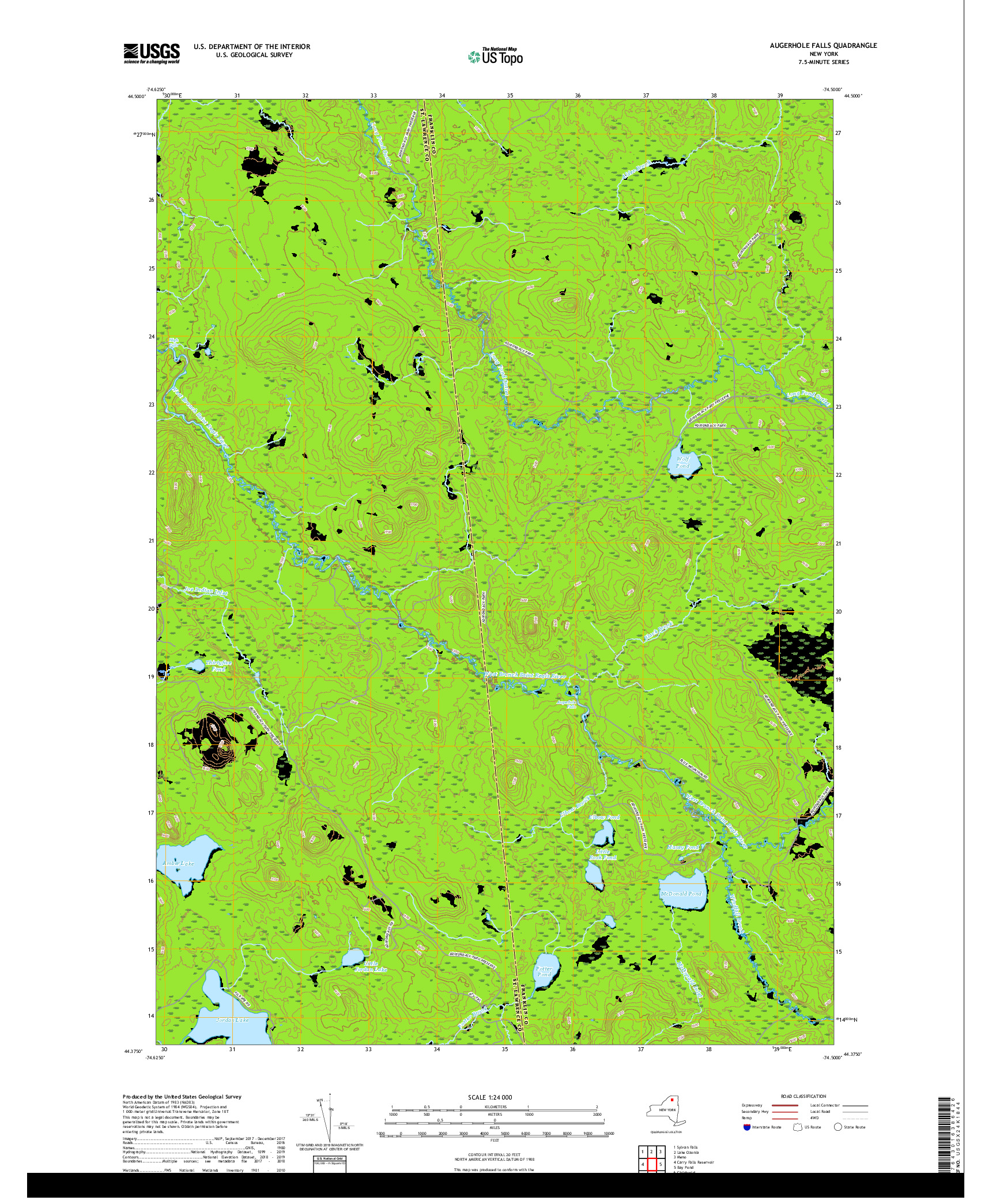 USGS US TOPO 7.5-MINUTE MAP FOR AUGERHOLE FALLS, NY 2019