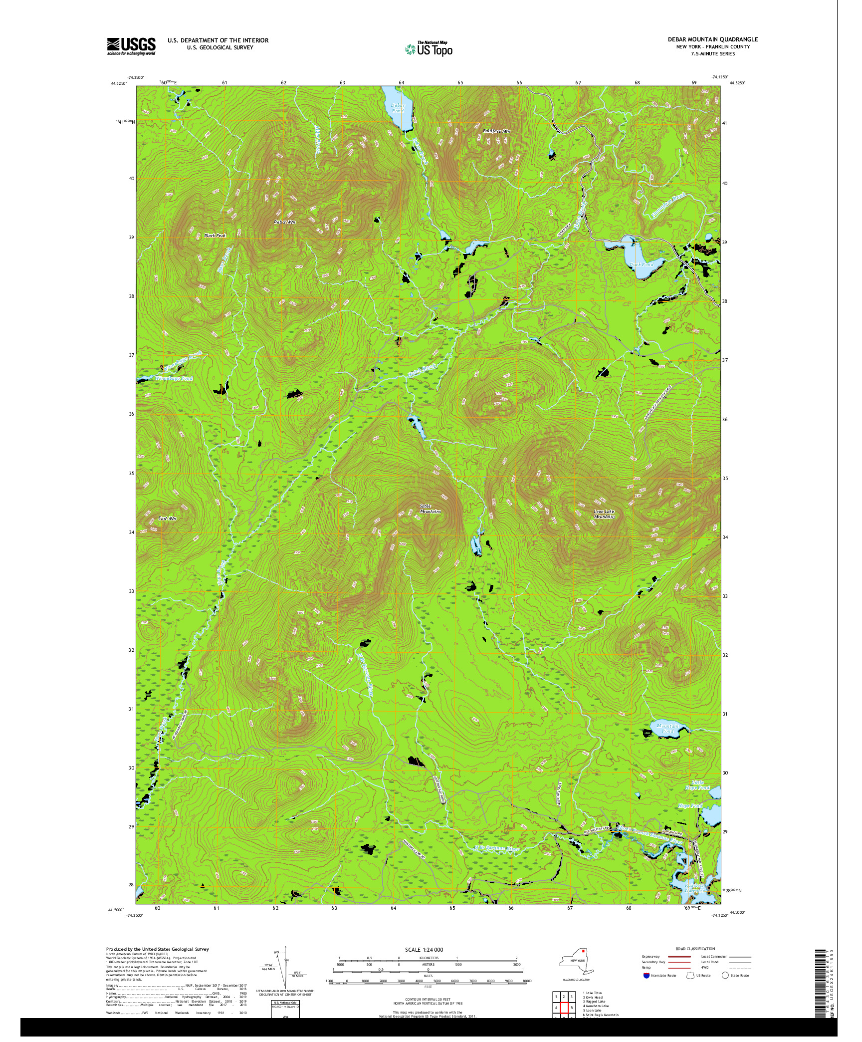 USGS US TOPO 7.5-MINUTE MAP FOR DEBAR MOUNTAIN, NY 2019