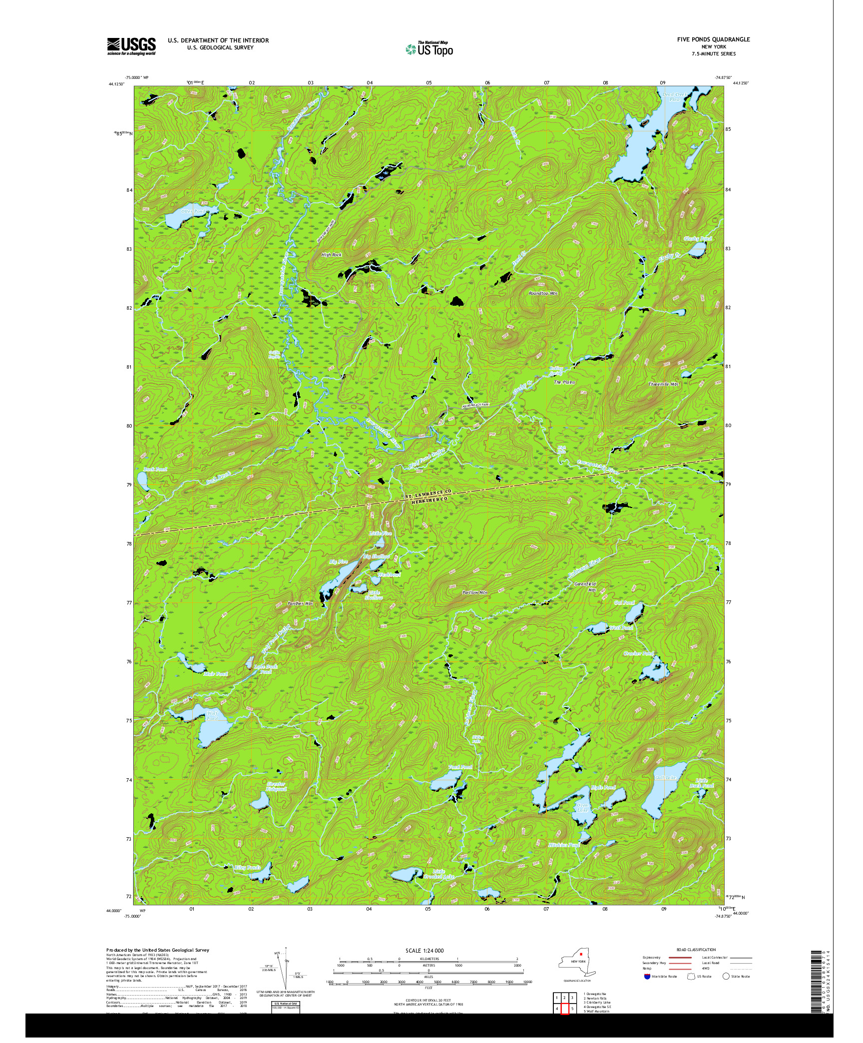 USGS US TOPO 7.5-MINUTE MAP FOR FIVE PONDS, NY 2019