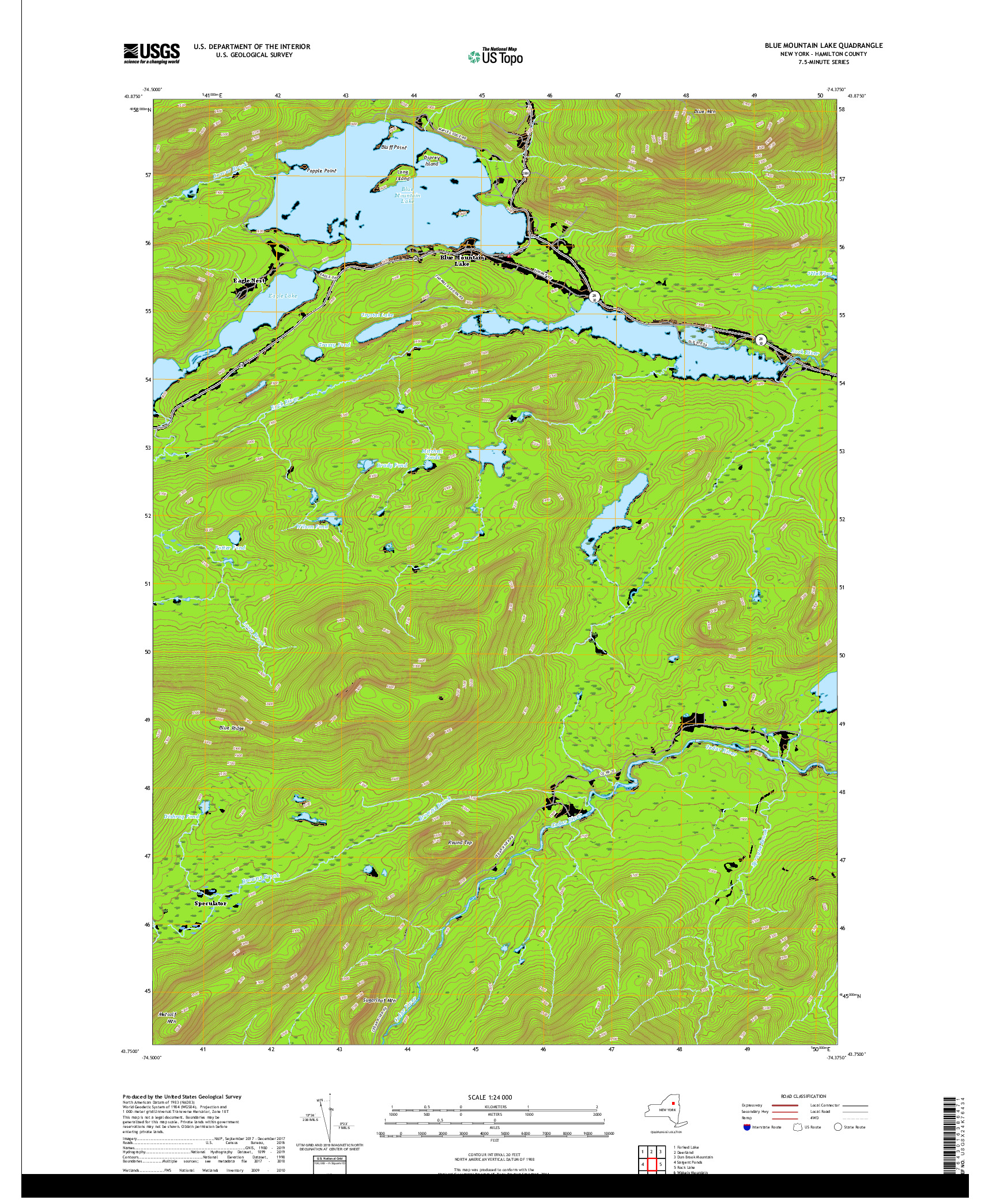 USGS US TOPO 7.5-MINUTE MAP FOR BLUE MOUNTAIN LAKE, NY 2019