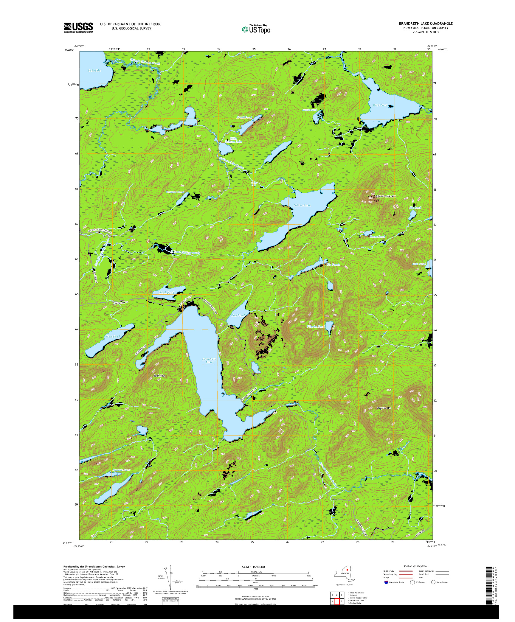 USGS US TOPO 7.5-MINUTE MAP FOR BRANDRETH LAKE, NY 2019