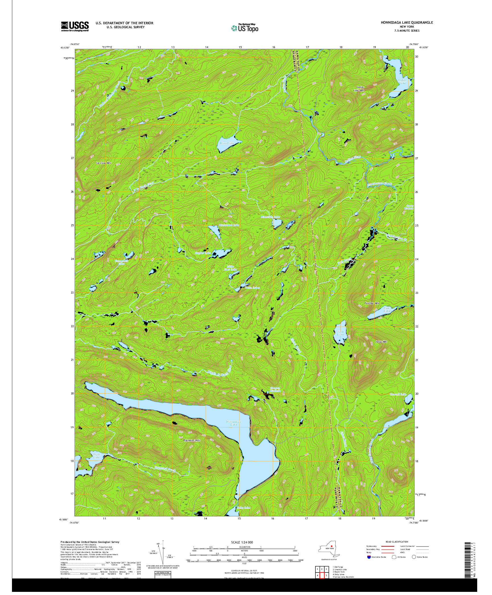 USGS US TOPO 7.5-MINUTE MAP FOR HONNEDAGA LAKE, NY 2019