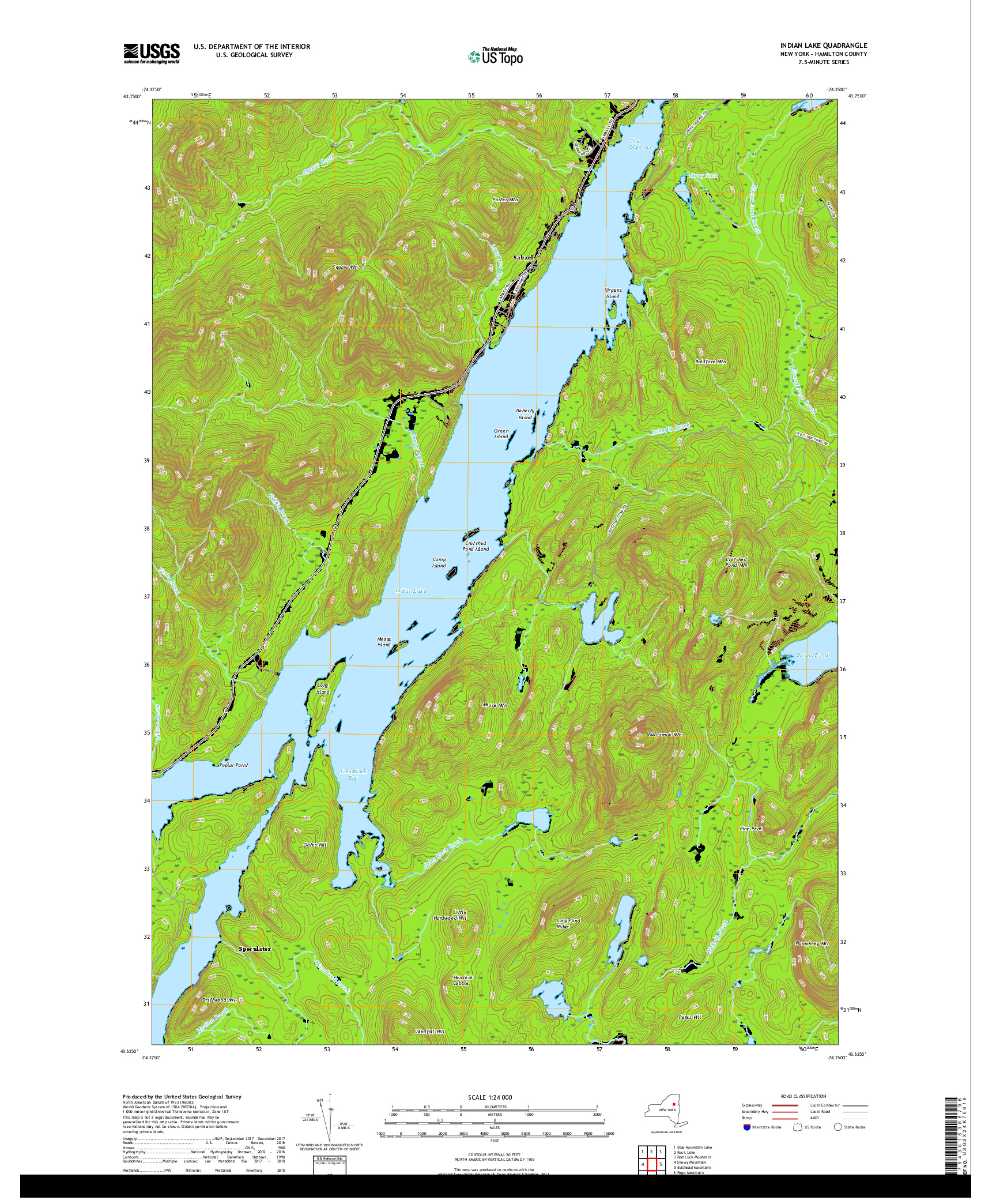 USGS US TOPO 7.5-MINUTE MAP FOR INDIAN LAKE, NY 2019