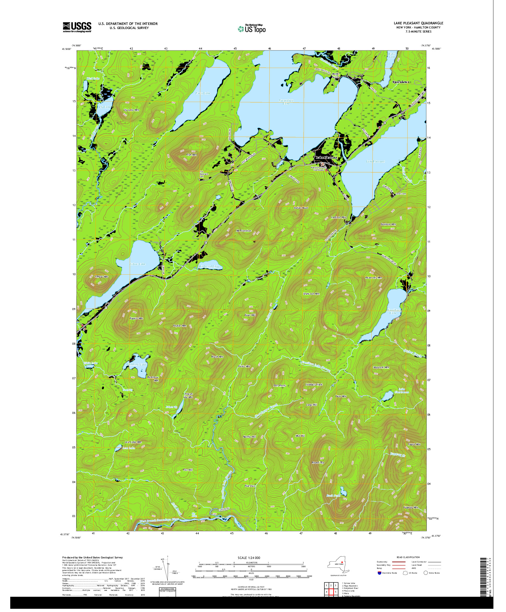 USGS US TOPO 7.5-MINUTE MAP FOR LAKE PLEASANT, NY 2019