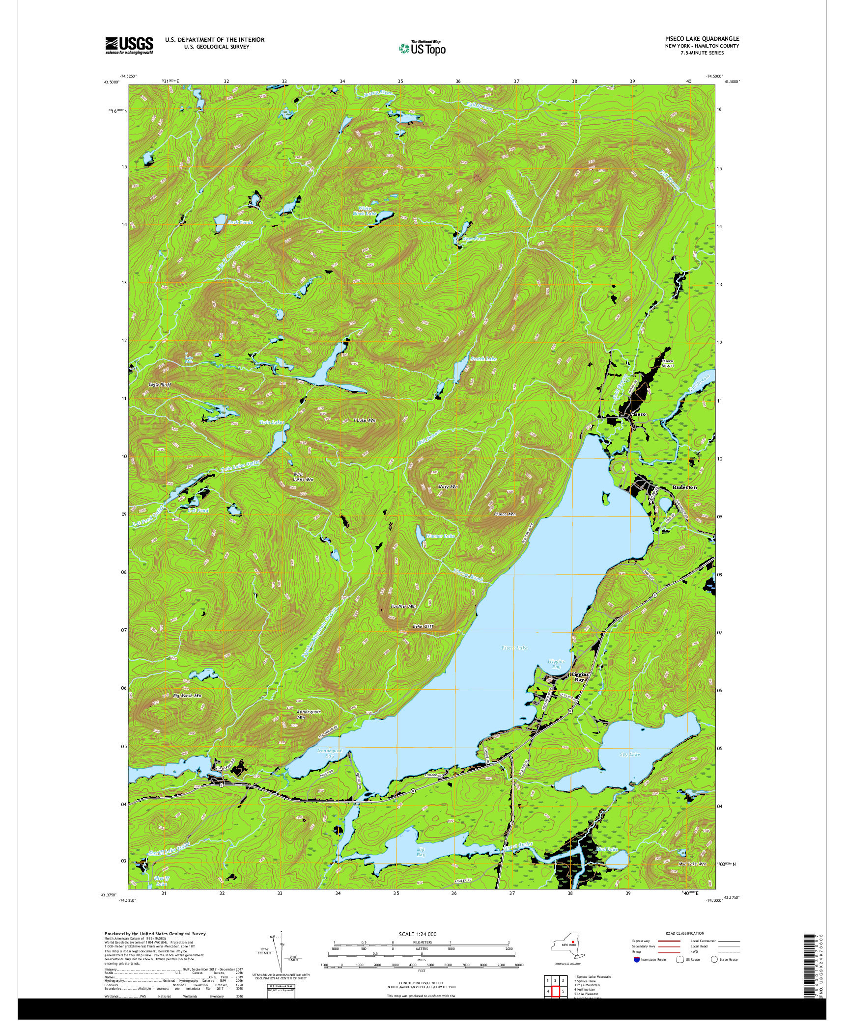 USGS US TOPO 7.5-MINUTE MAP FOR PISECO LAKE, NY 2019