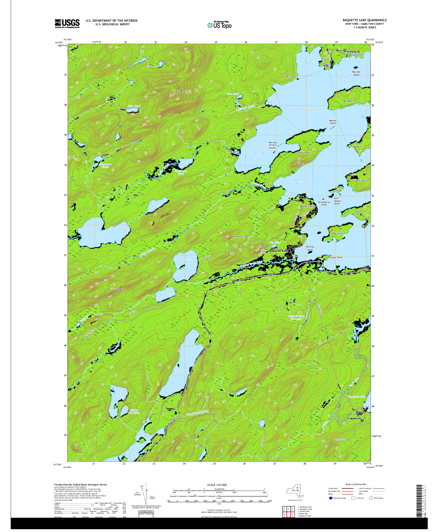USGS US TOPO 7.5-MINUTE MAP FOR RAQUETTE LAKE, NY 2019