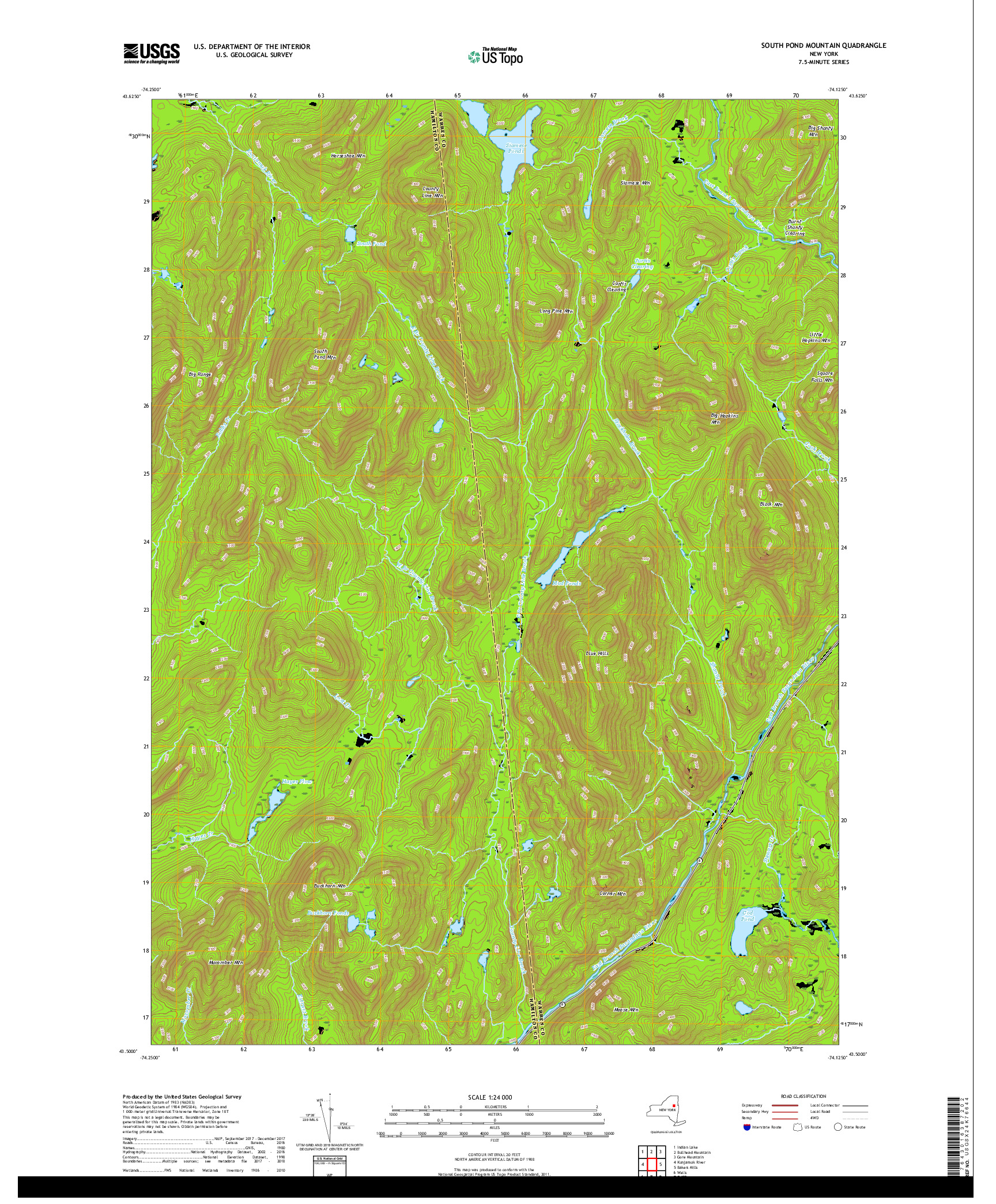 USGS US TOPO 7.5-MINUTE MAP FOR SOUTH POND MOUNTAIN, NY 2019