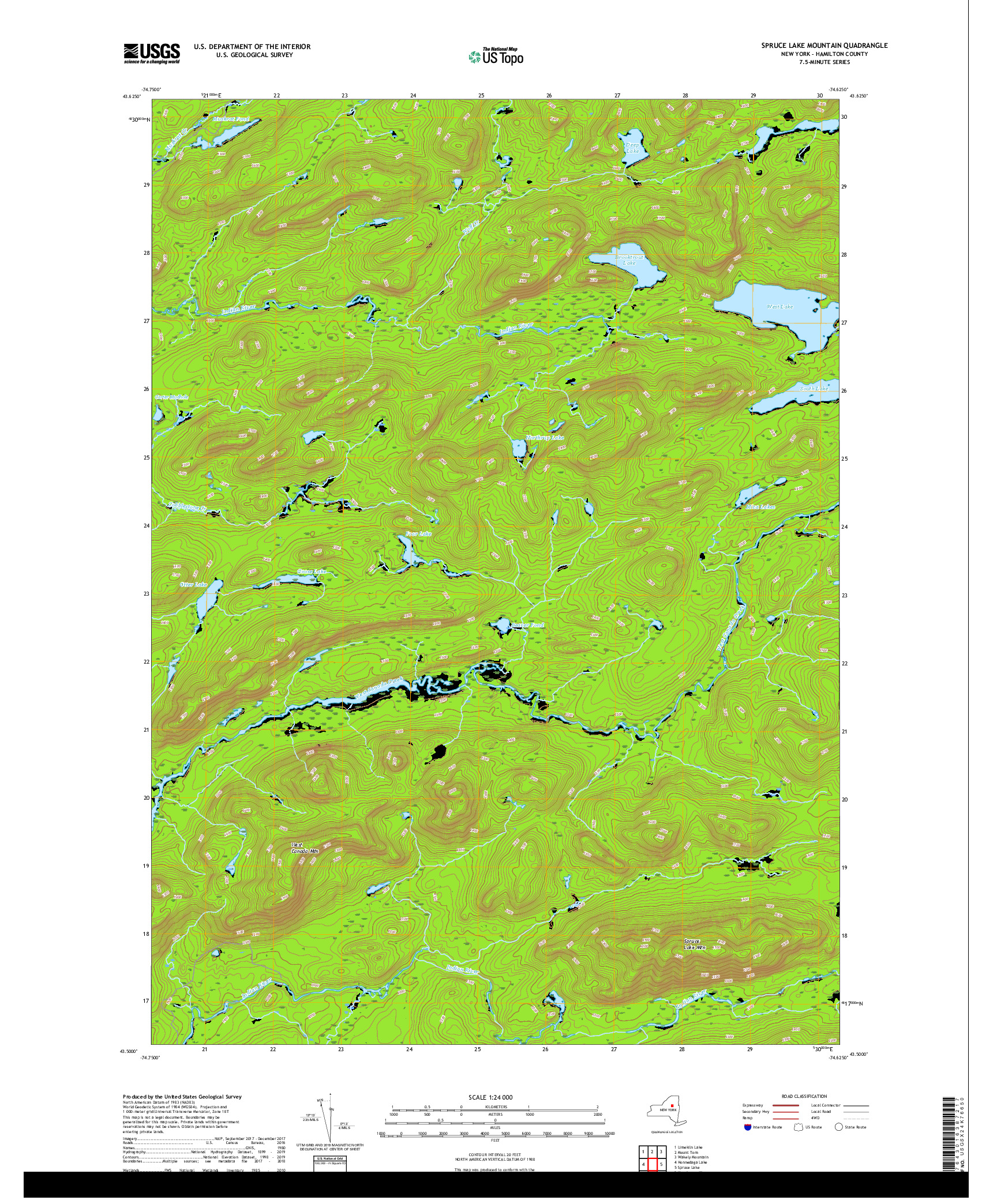 USGS US TOPO 7.5-MINUTE MAP FOR SPRUCE LAKE MOUNTAIN, NY 2019