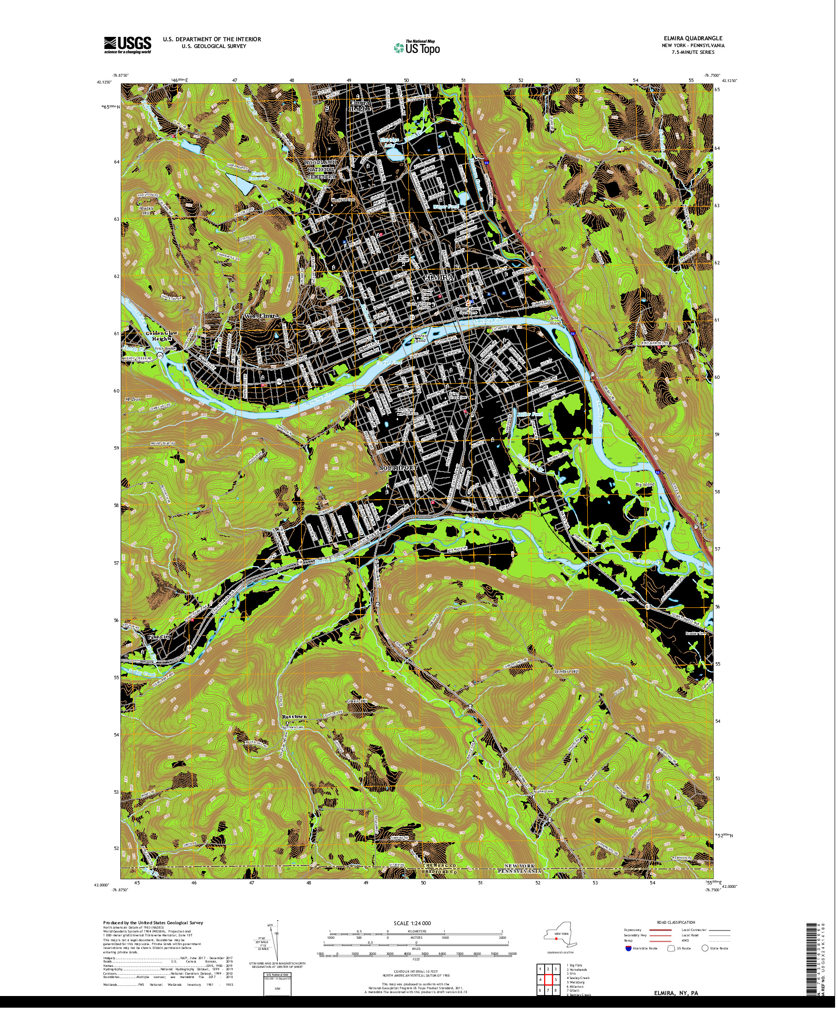 USGS US TOPO 7.5-MINUTE MAP FOR ELMIRA, NY,PA 2019