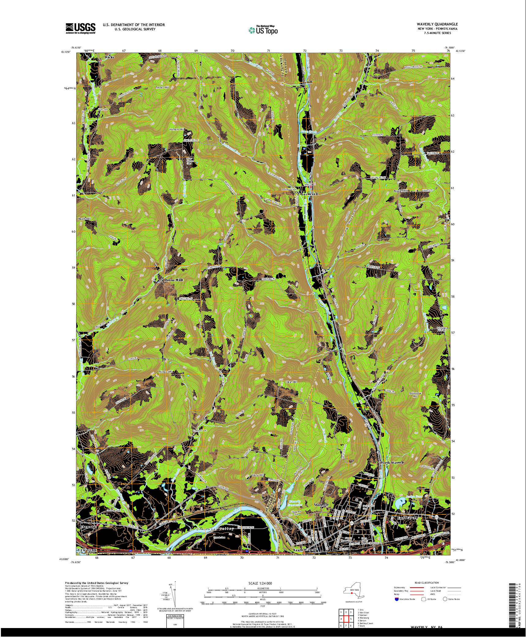 USGS US TOPO 7.5-MINUTE MAP FOR WAVERLY, NY,PA 2019