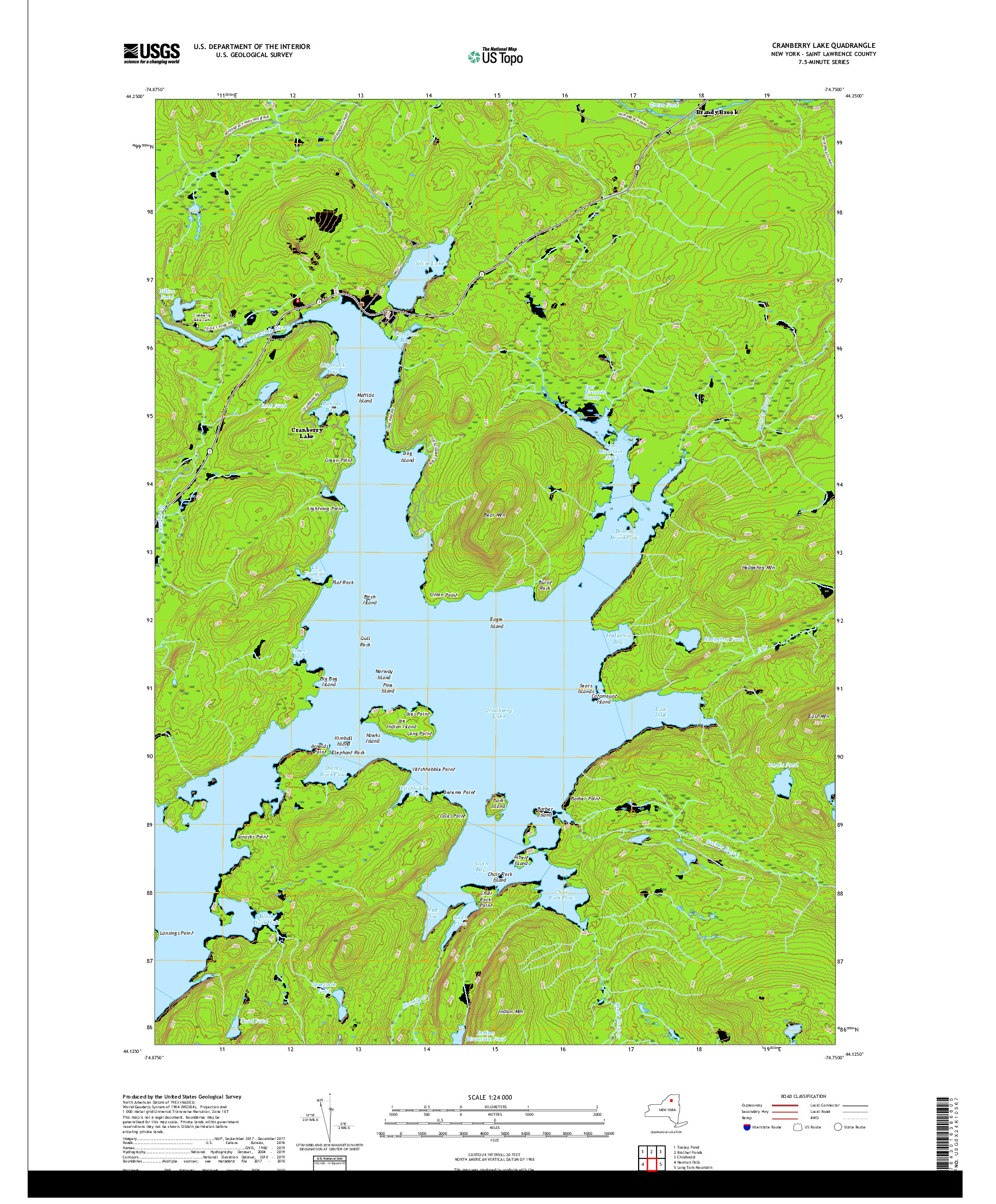 USGS US TOPO 7.5-MINUTE MAP FOR CRANBERRY LAKE, NY 2019