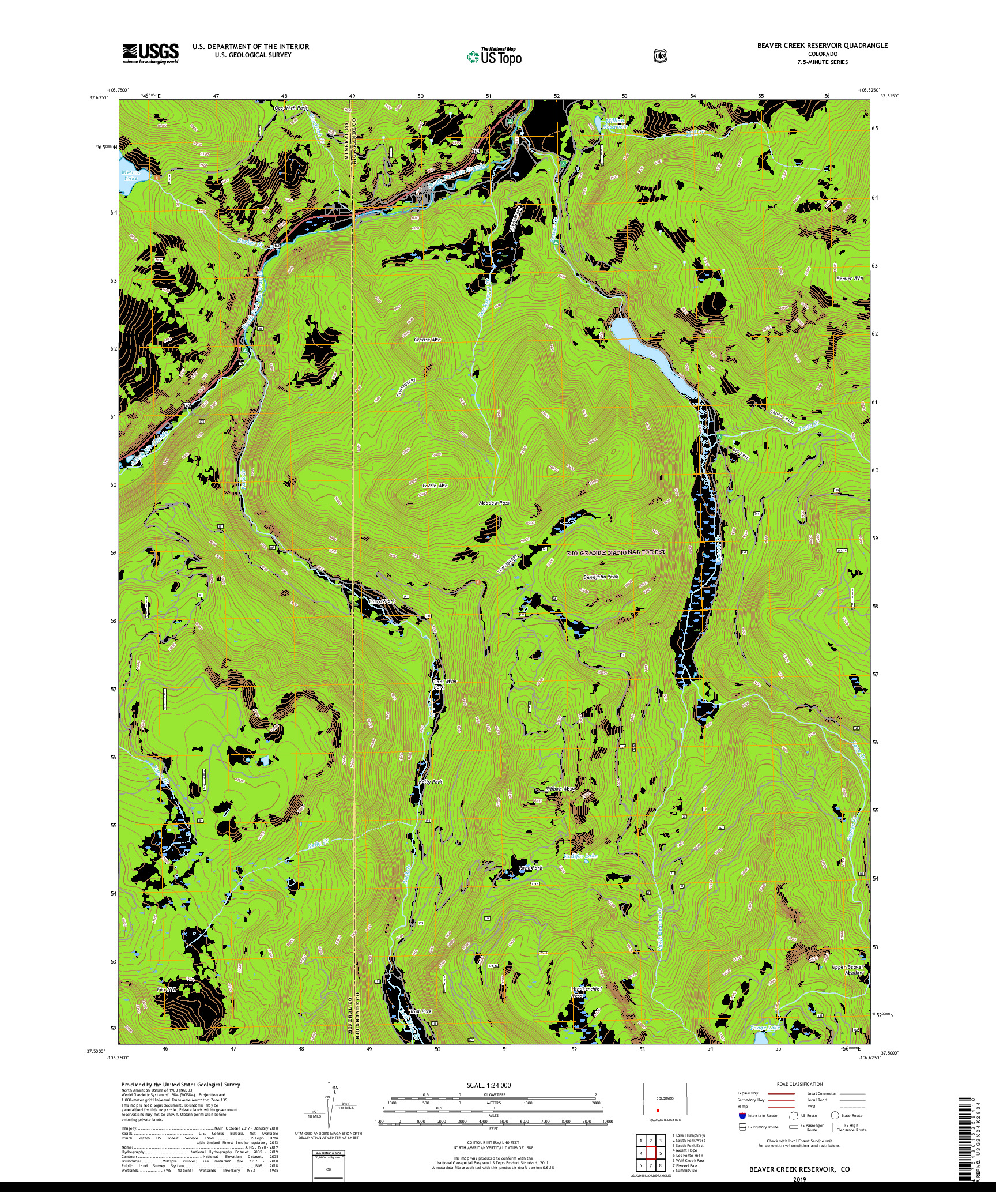 USGS US TOPO 7.5-MINUTE MAP FOR BEAVER CREEK RESERVOIR, CO 2019