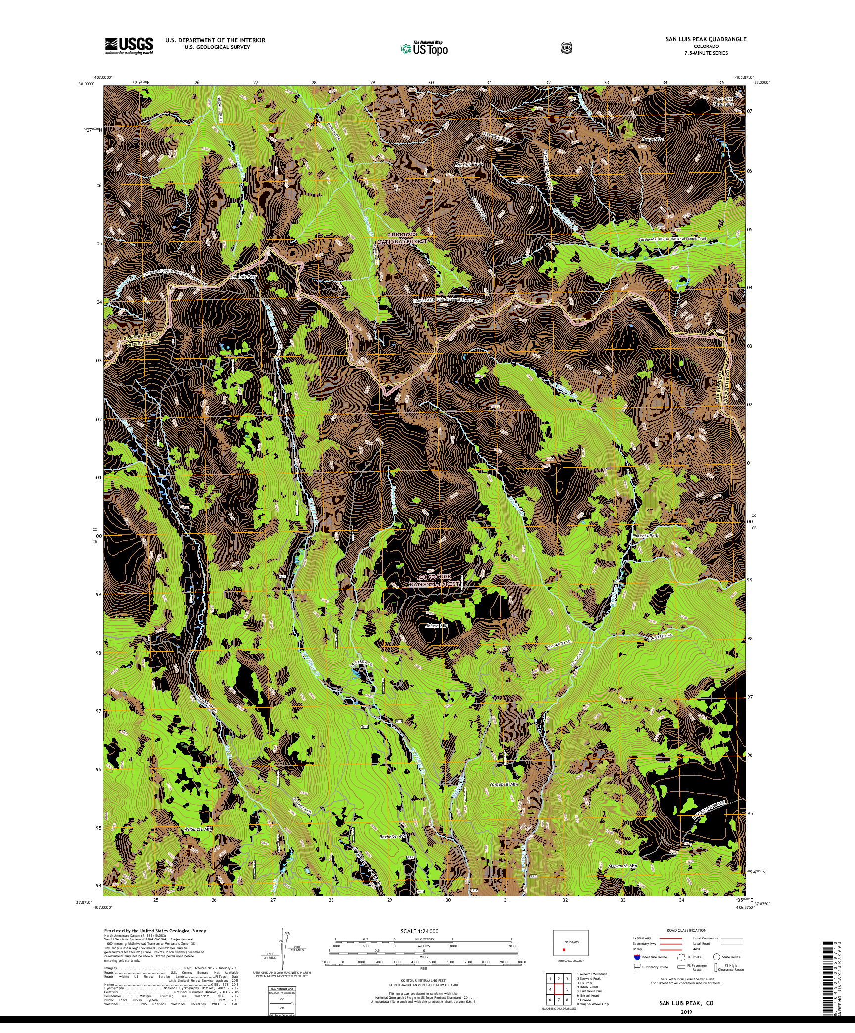 USGS US TOPO 7.5-MINUTE MAP FOR SAN LUIS PEAK, CO 2019