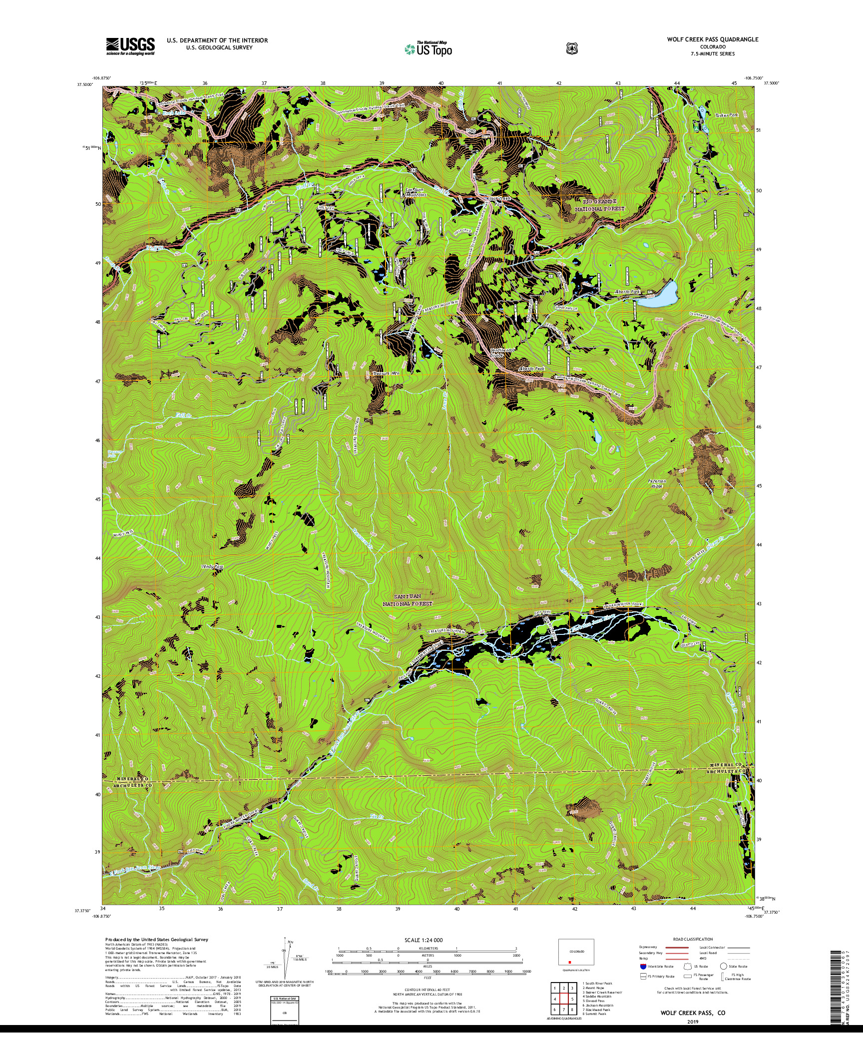 USGS US TOPO 7.5-MINUTE MAP FOR WOLF CREEK PASS, CO 2019