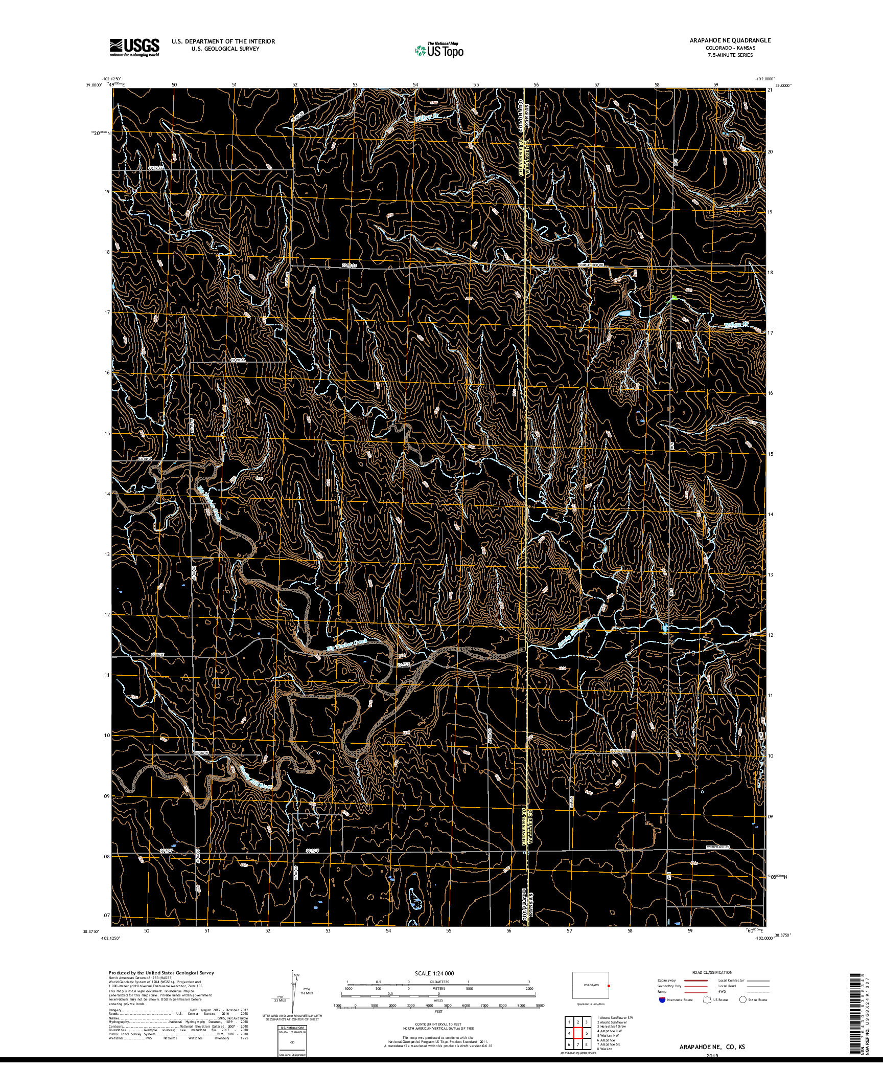 USGS US TOPO 7.5-MINUTE MAP FOR ARAPAHOE NE, CO,KS 2019