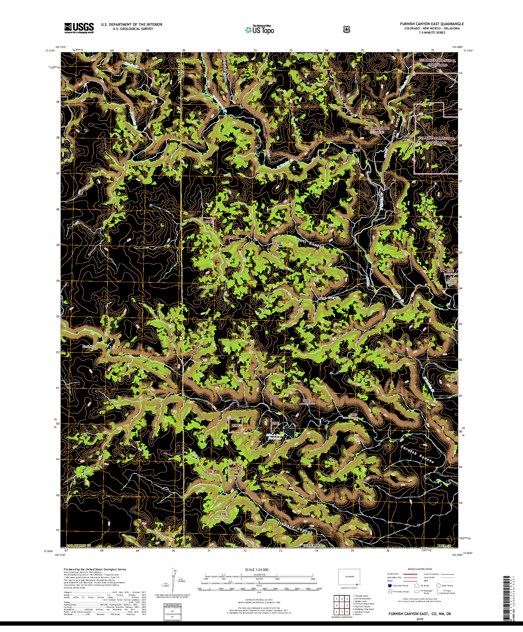 USGS US TOPO 7.5-MINUTE MAP FOR FURNISH CANYON EAST, CO,NM,OK 2019