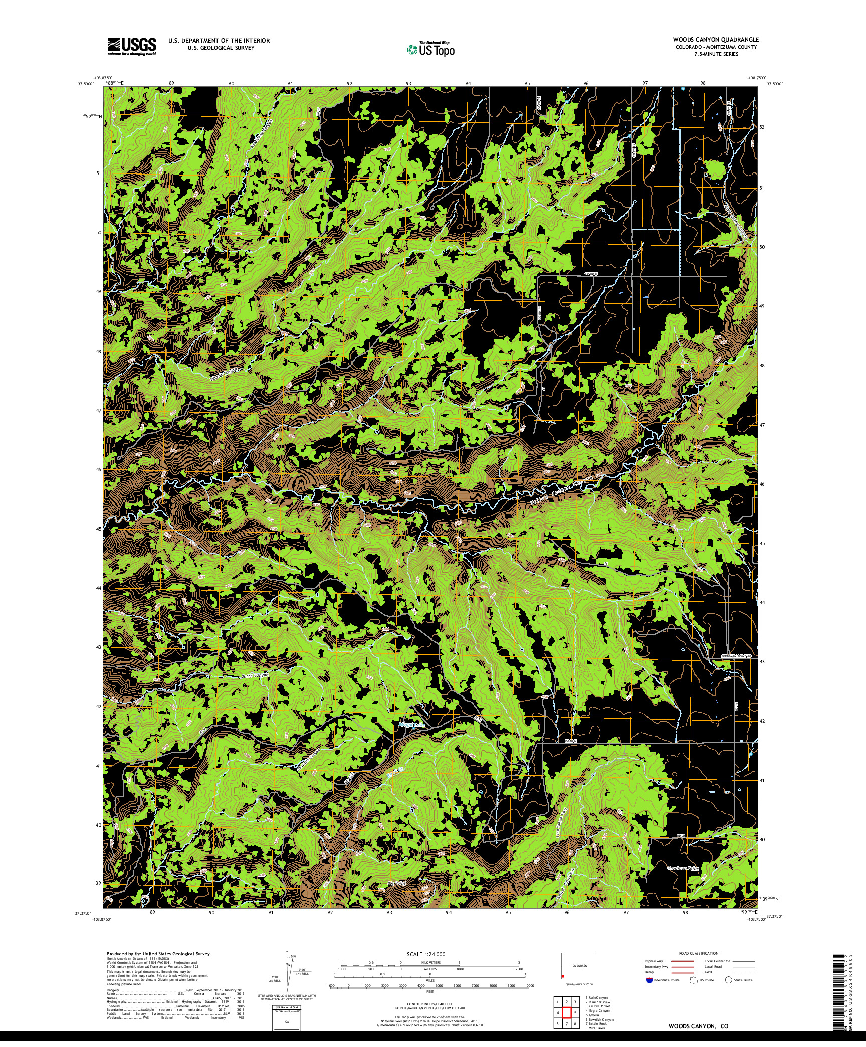 USGS US TOPO 7.5-MINUTE MAP FOR WOODS CANYON, CO 2019