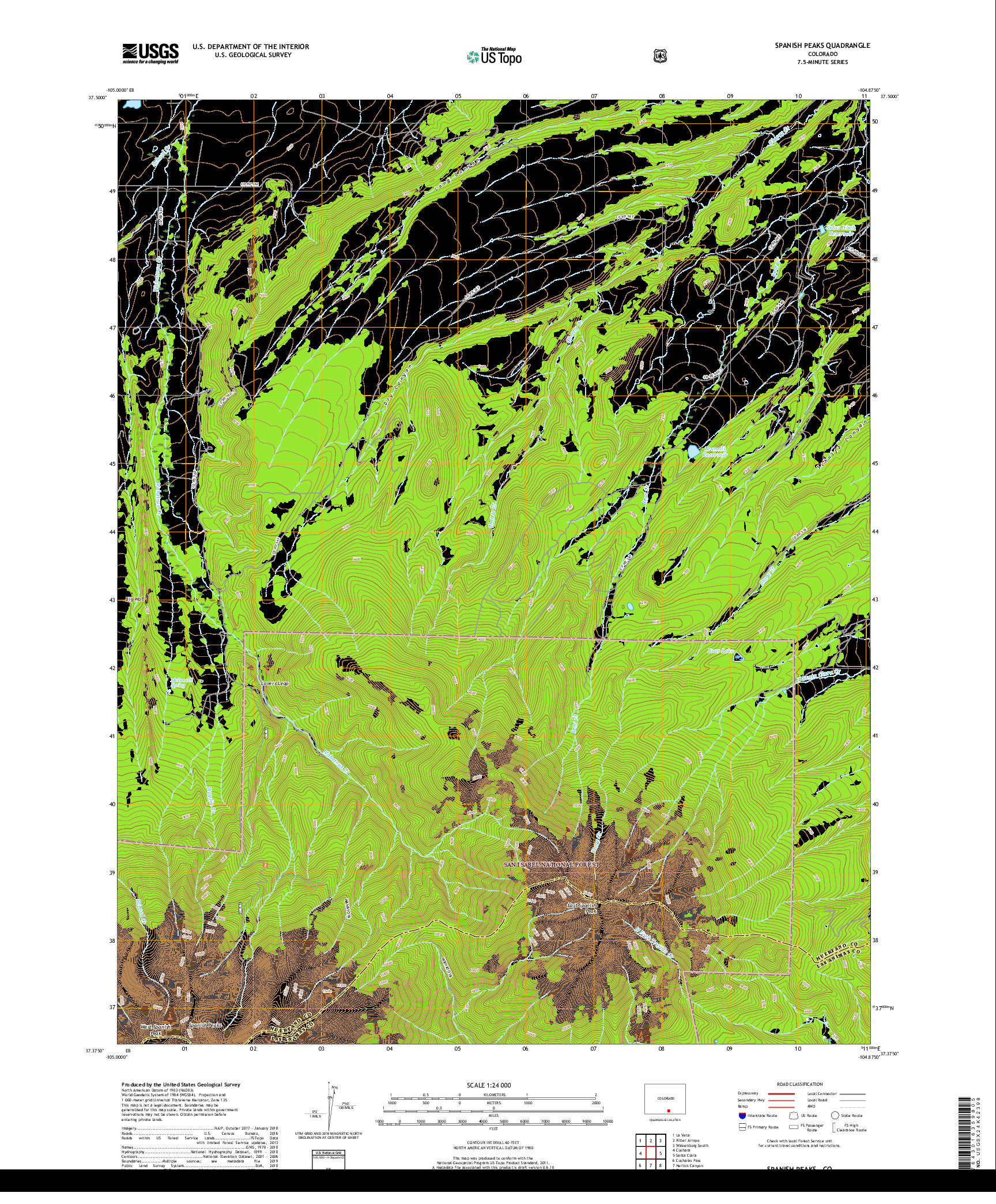 USGS US TOPO 7.5-MINUTE MAP FOR SPANISH PEAKS, CO 2019