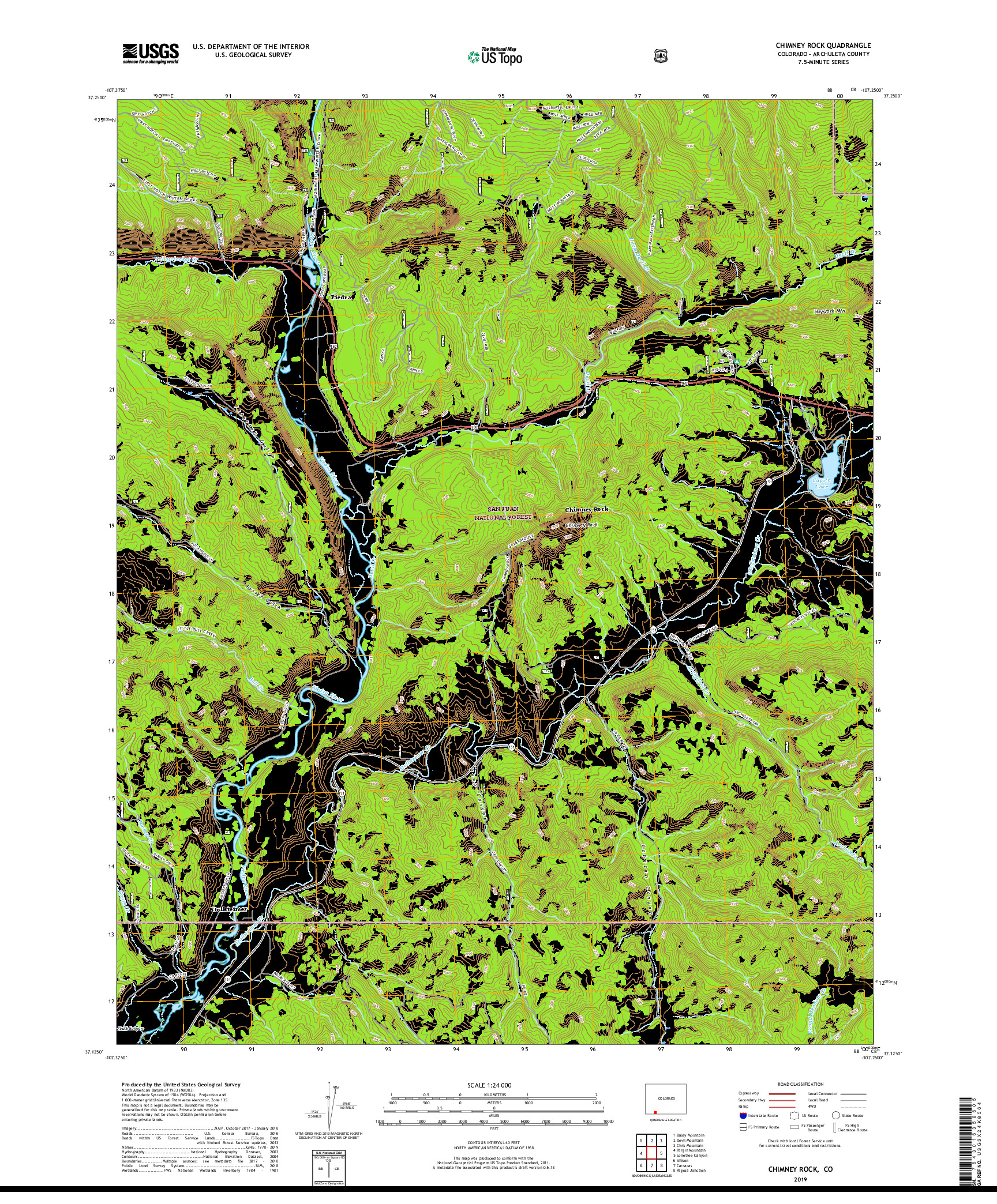 USGS US TOPO 7.5-MINUTE MAP FOR CHIMNEY ROCK, CO 2019