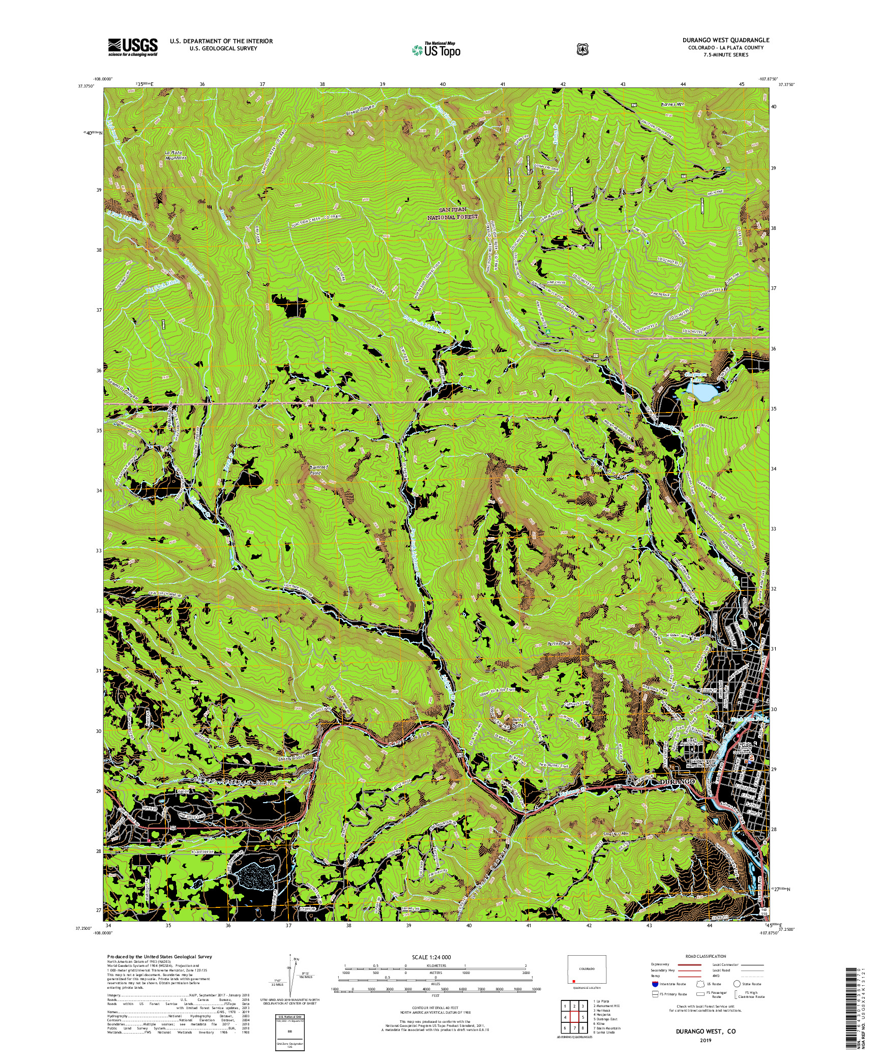 USGS US TOPO 7.5-MINUTE MAP FOR DURANGO WEST, CO 2019