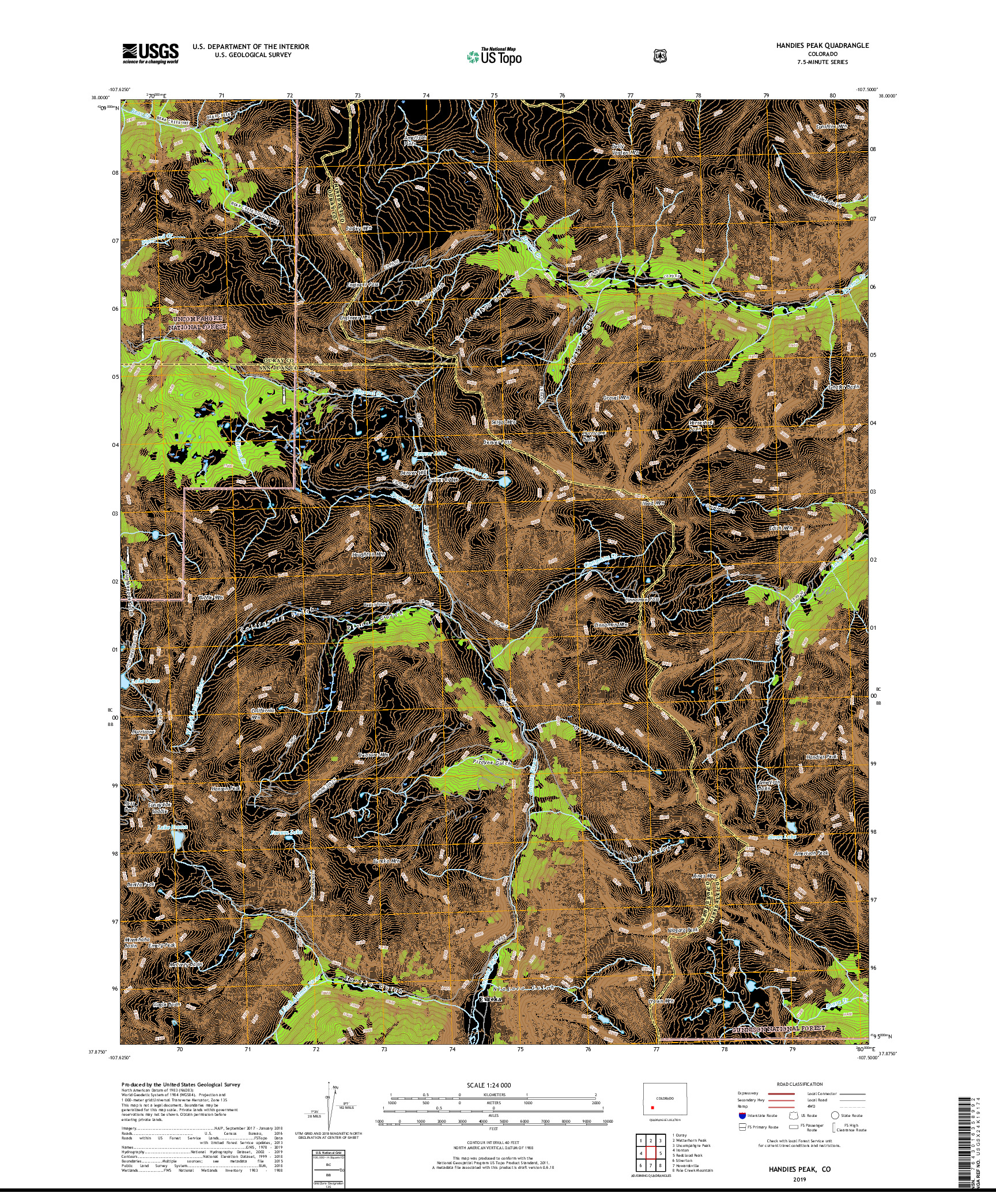 USGS US TOPO 7.5-MINUTE MAP FOR HANDIES PEAK, CO 2019