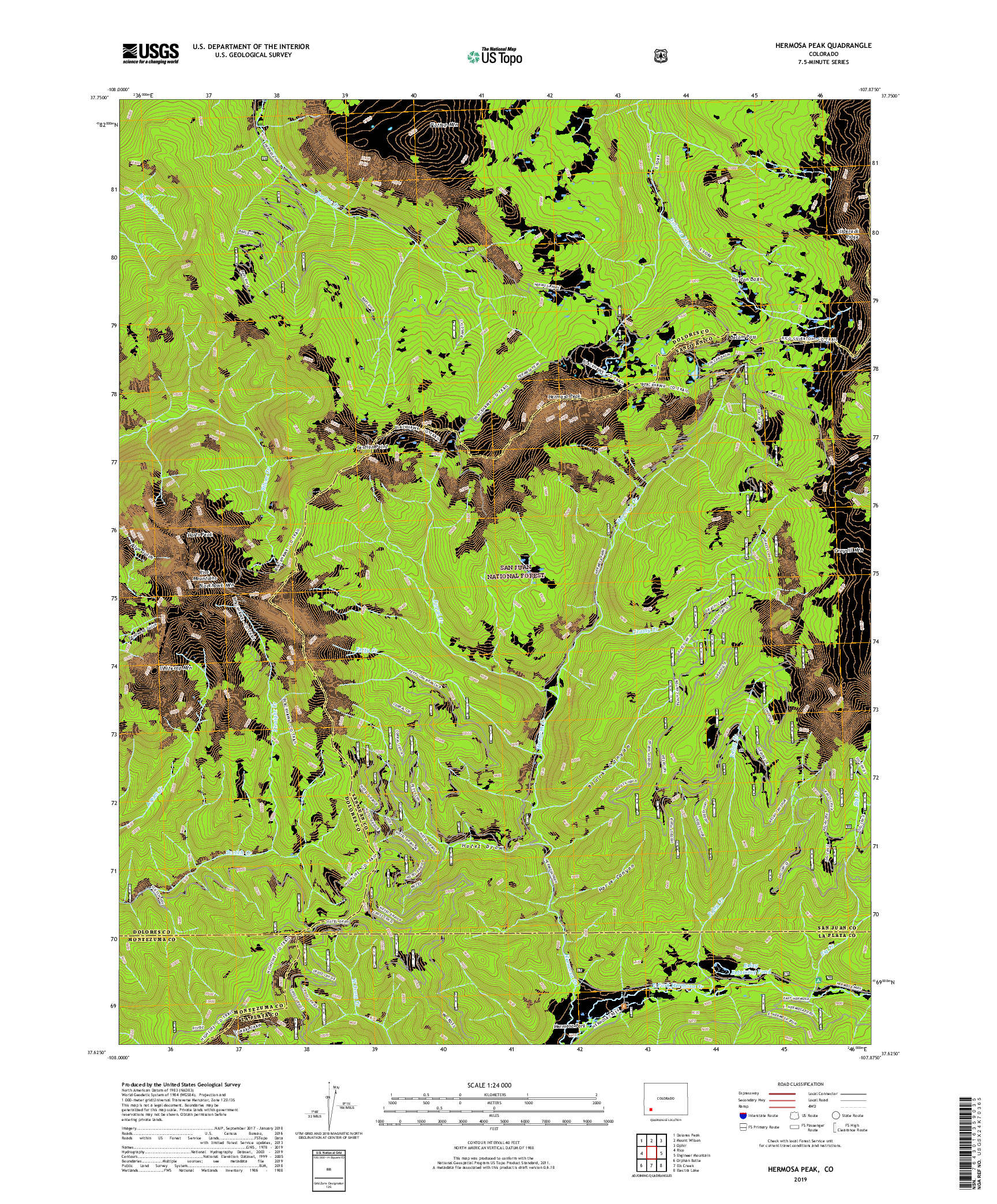 USGS US TOPO 7.5-MINUTE MAP FOR HERMOSA PEAK, CO 2019