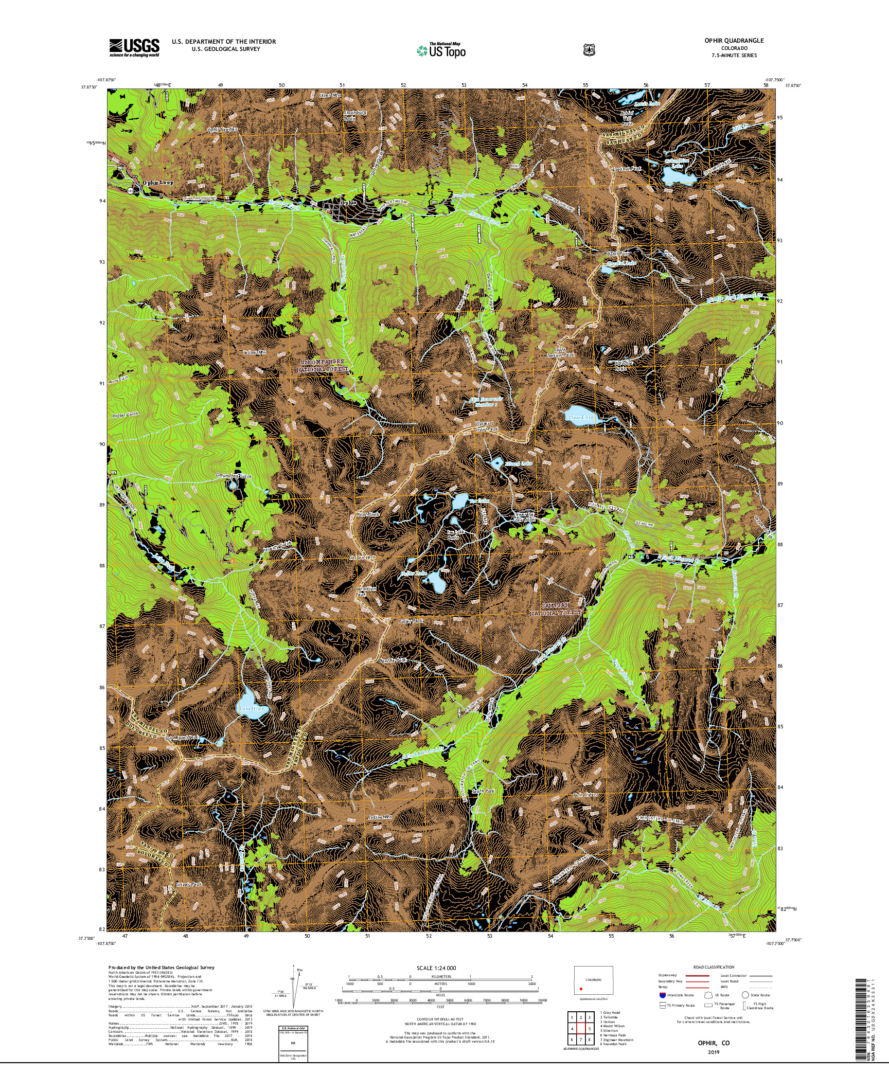 USGS US TOPO 7.5-MINUTE MAP FOR OPHIR, CO 2019