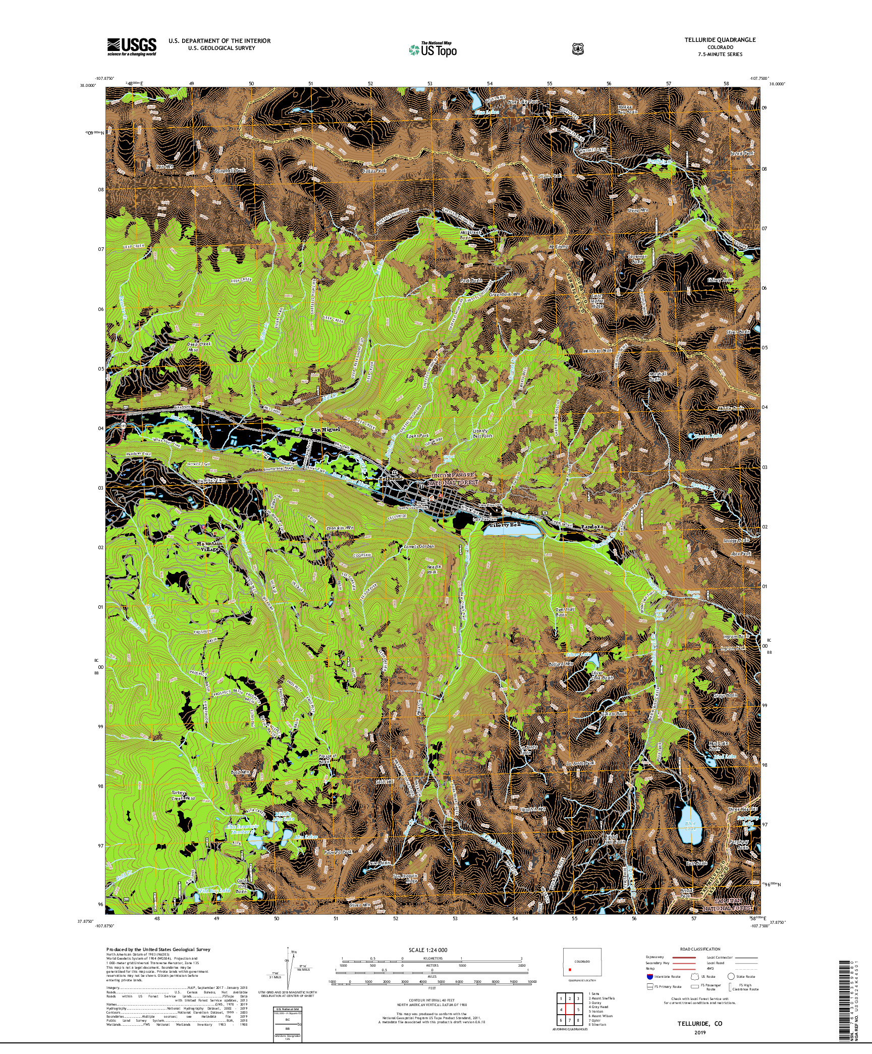 USGS US TOPO 7.5-MINUTE MAP FOR TELLURIDE, CO 2019