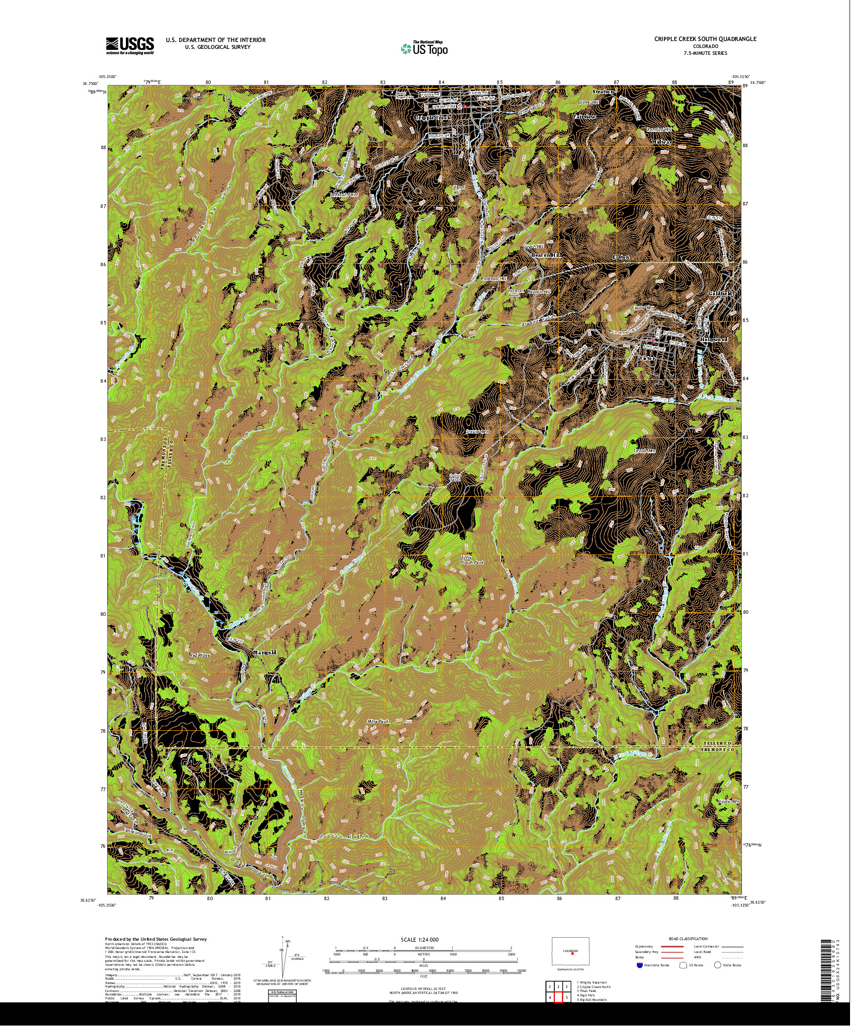 USGS US TOPO 7.5-MINUTE MAP FOR CRIPPLE CREEK SOUTH, CO 2019