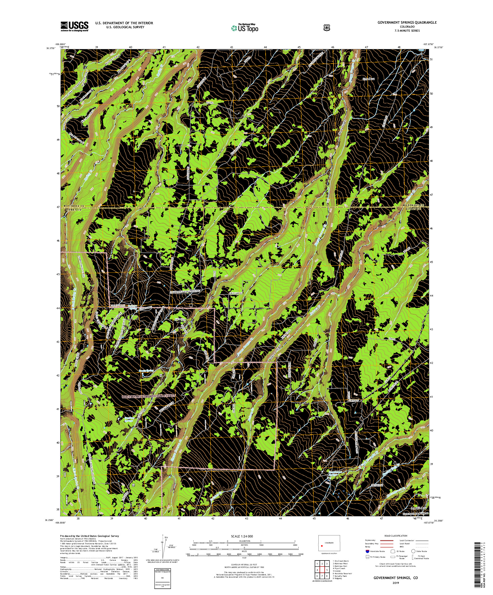 USGS US TOPO 7.5-MINUTE MAP FOR GOVERNMENT SPRINGS, CO 2019