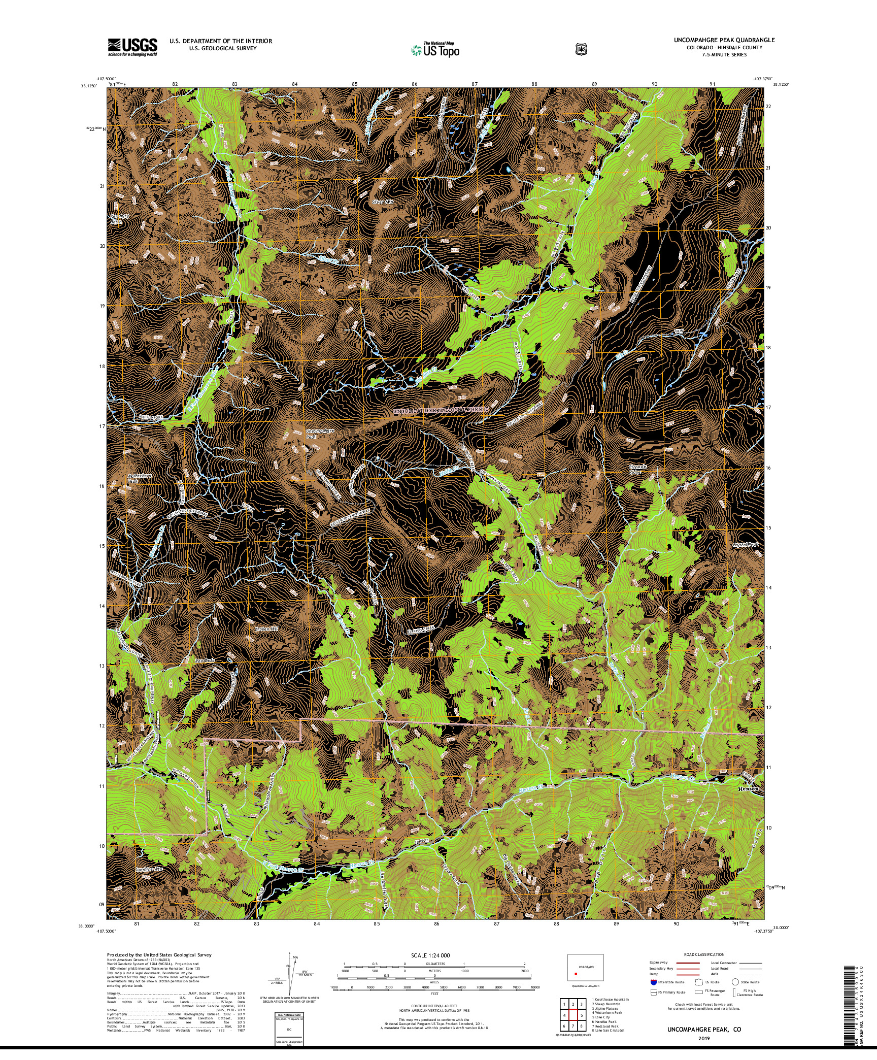 USGS US TOPO 7.5-MINUTE MAP FOR UNCOMPAHGRE PEAK, CO 2019