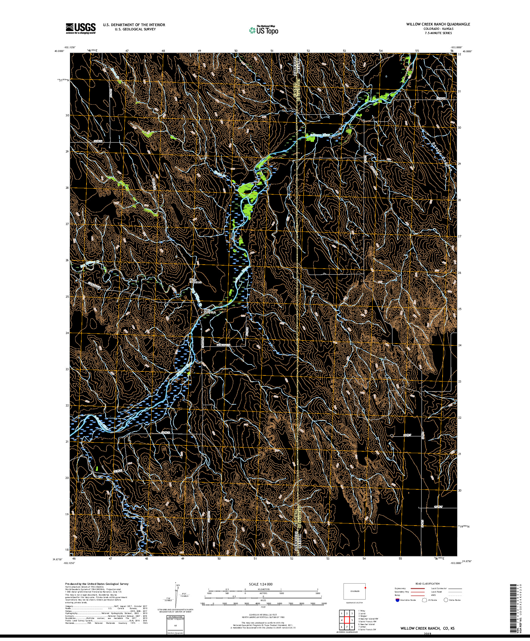 USGS US TOPO 7.5-MINUTE MAP FOR WILLOW CREEK RANCH, CO,KS 2019